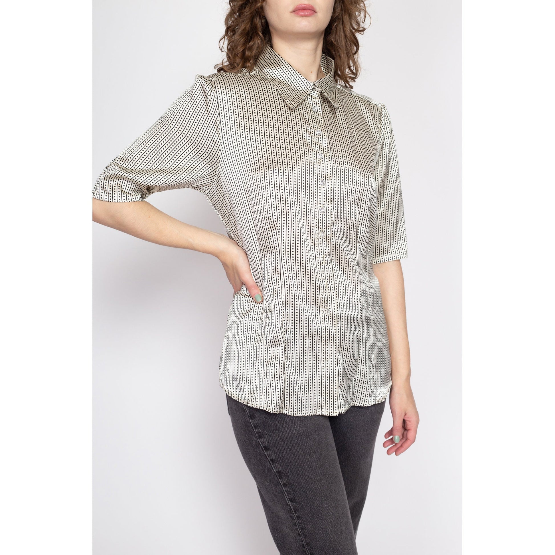 Large 80s Black & White Polka Dot Satin Shirt | Vintage Button Up Short Sleeve Collared Shirt