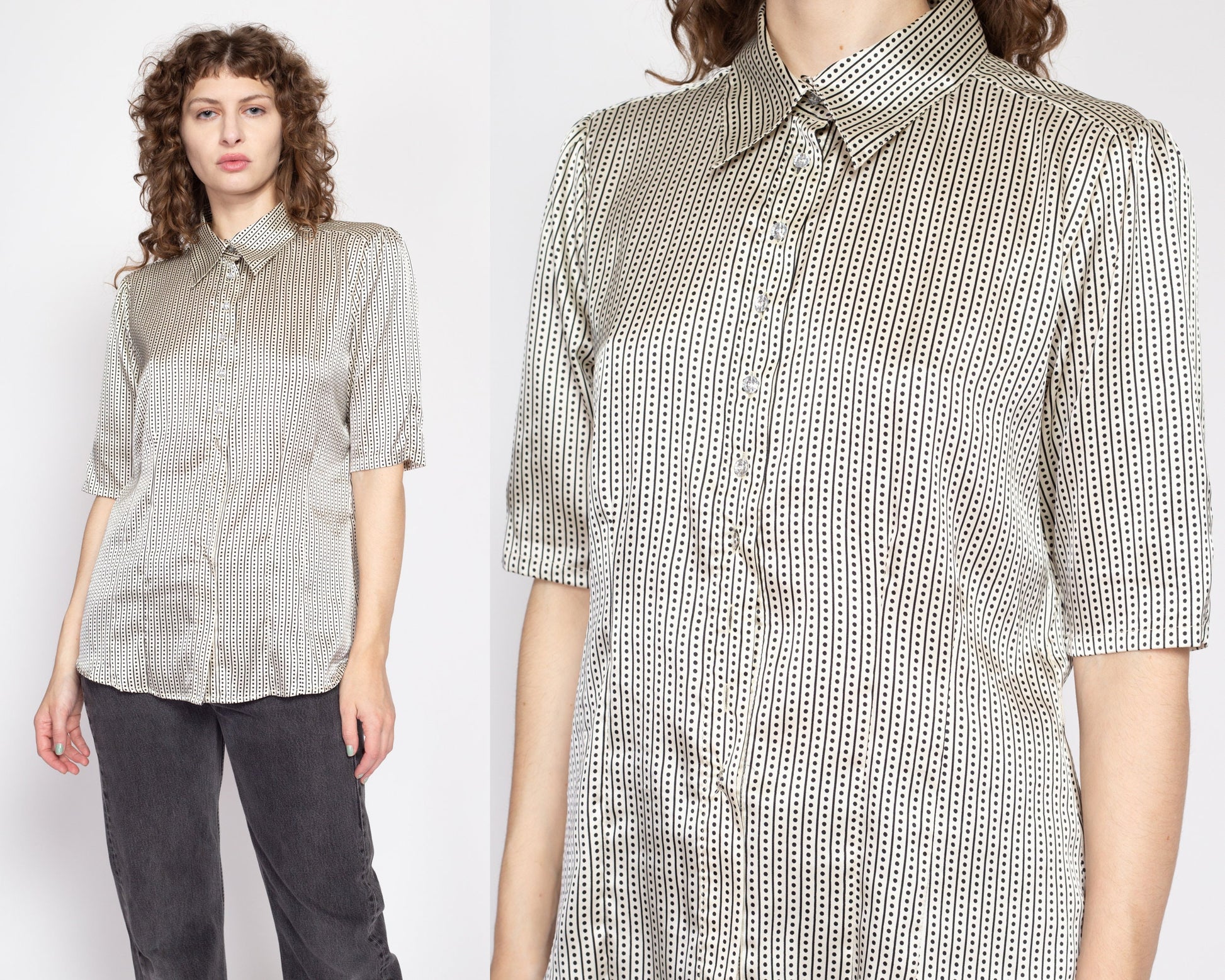 Large 80s Black & White Polka Dot Satin Shirt | Vintage Button Up Short Sleeve Collared Shirt