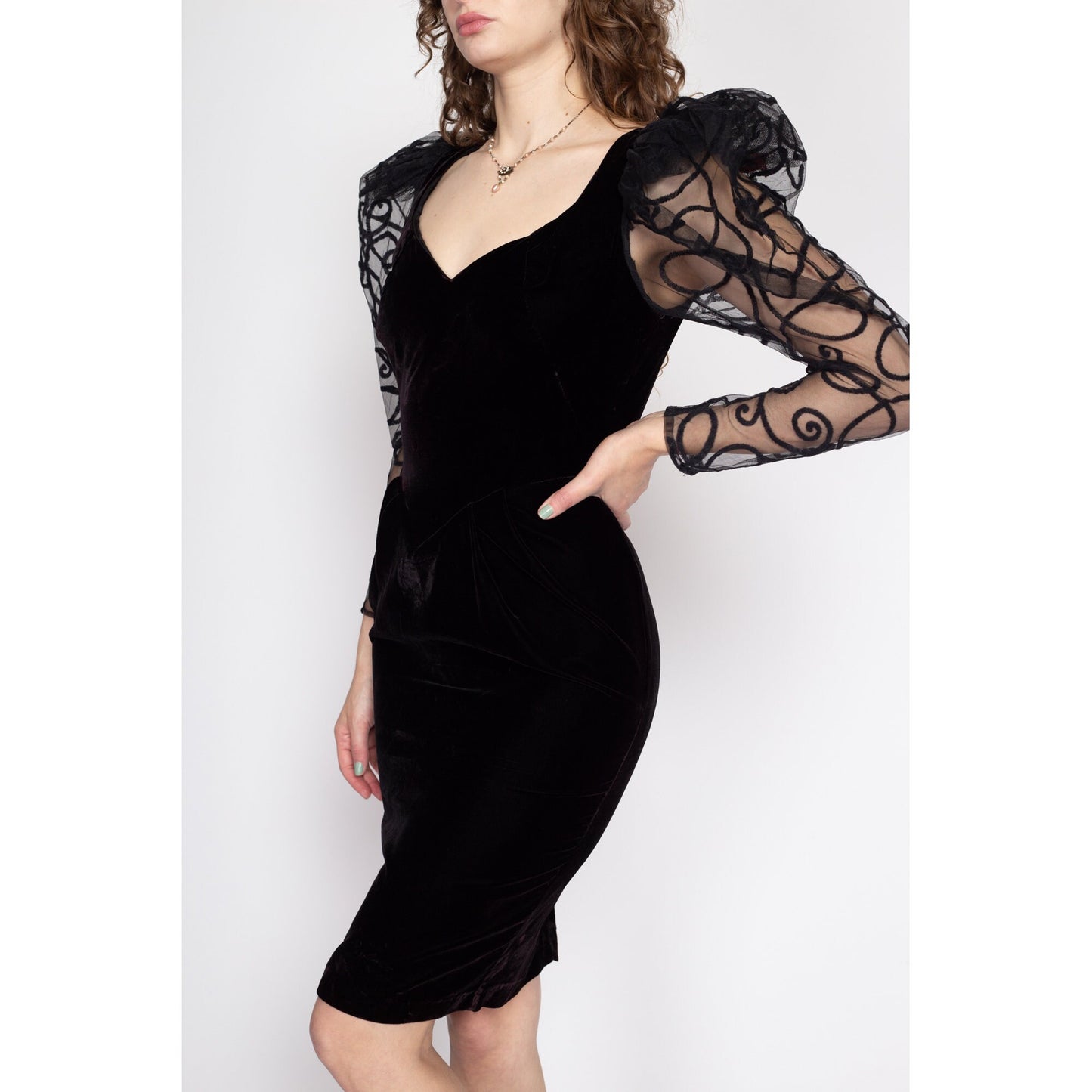 Small 80s Climax Karen Okada Velvet Sheer Puff Sleeve Party Dress | Vintage Black Keyhole Back Formal Mini Dress
