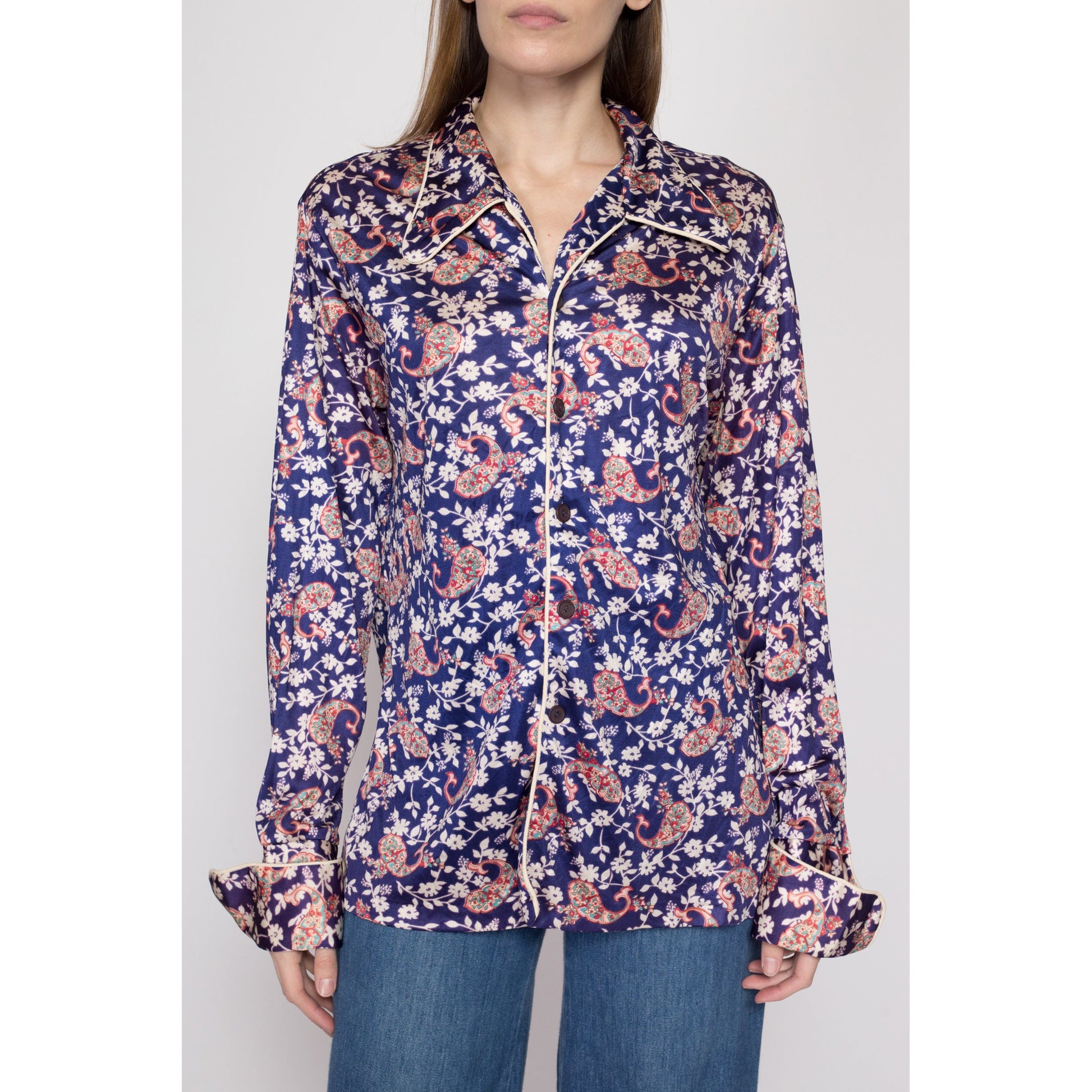 70s Mr. Jan Purple Floral Satin Shirt | Boho Vintage Loungewear Disco Pajama Top