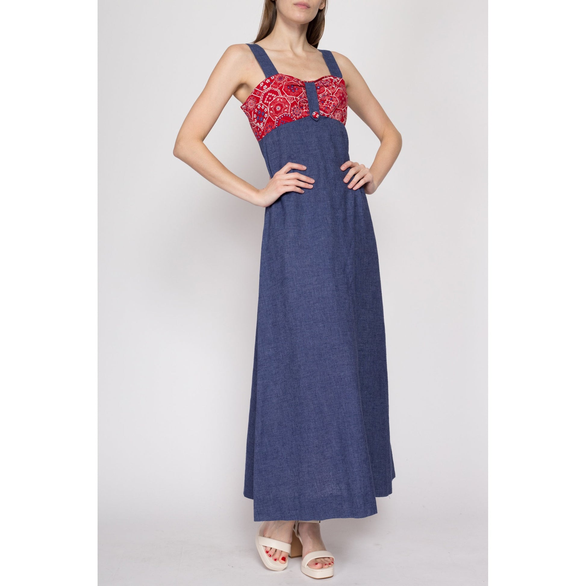 Small 70s Chambray Bandana Maxi Dress | Boho Vintage A Line Hippie Sundress