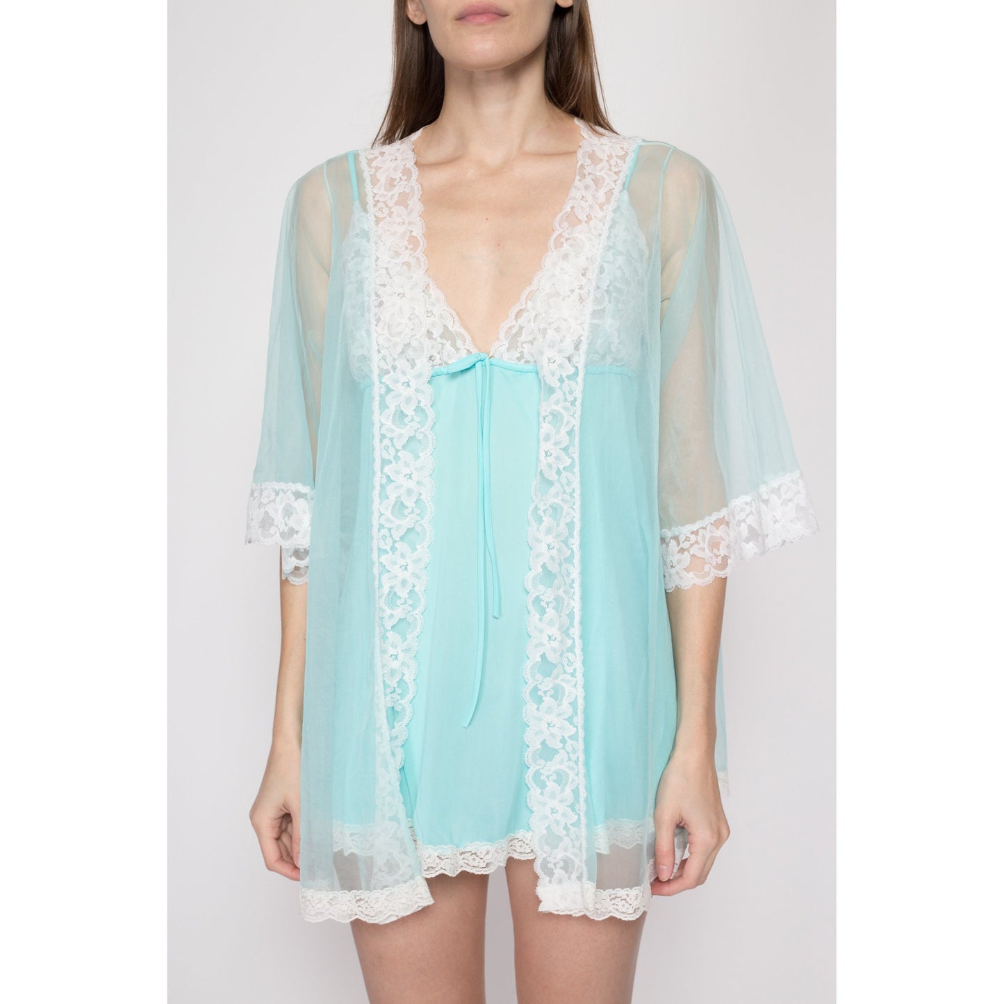 Medium 60s Blue Chiffon Babydoll Peignoir Set | Vintage Negligee Matching Outfit Mini Nightie & Robe