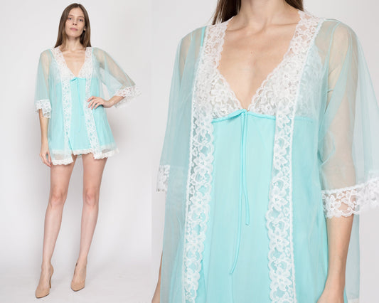 Medium 60s Blue Chiffon Babydoll Peignoir Set | Vintage Negligee Matching Outfit Mini Nightie & Robe