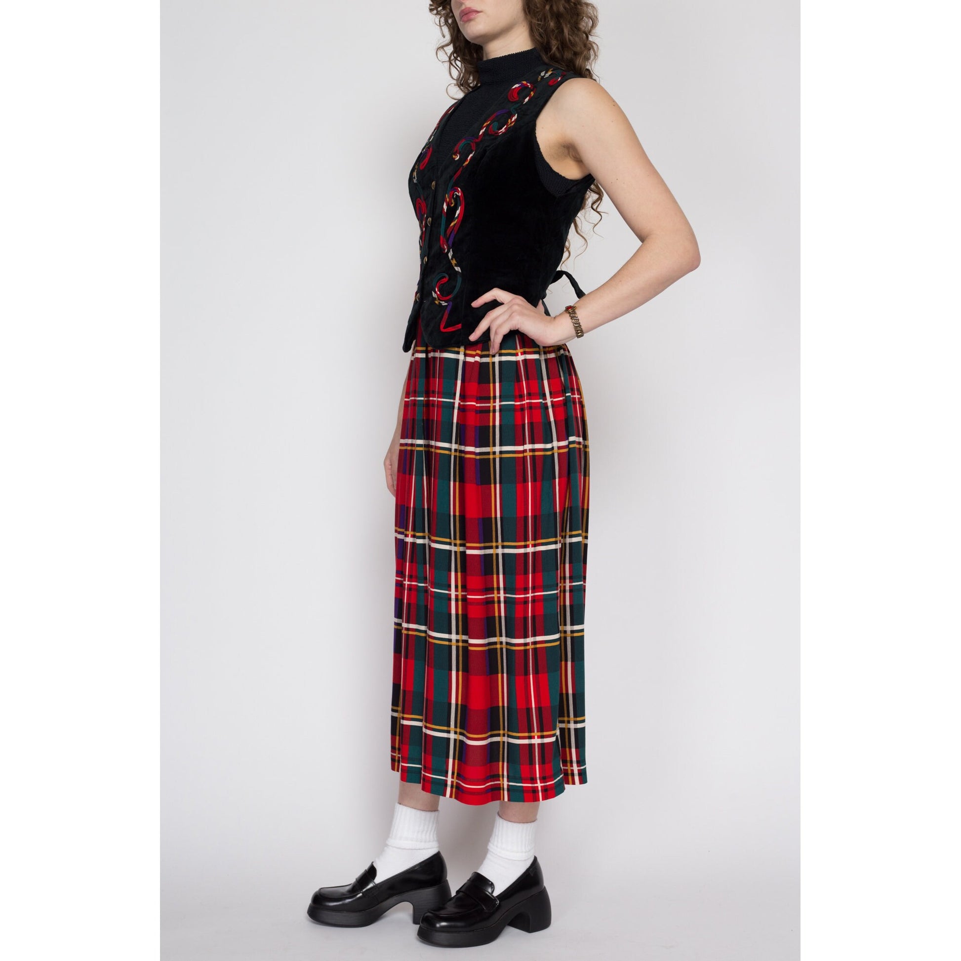 Medium 80s Lanz Velvet Vest Plaid Skirt Midi Dress NWT | Vintage Red & Black Sleeveless Secretary Christmas Dress
