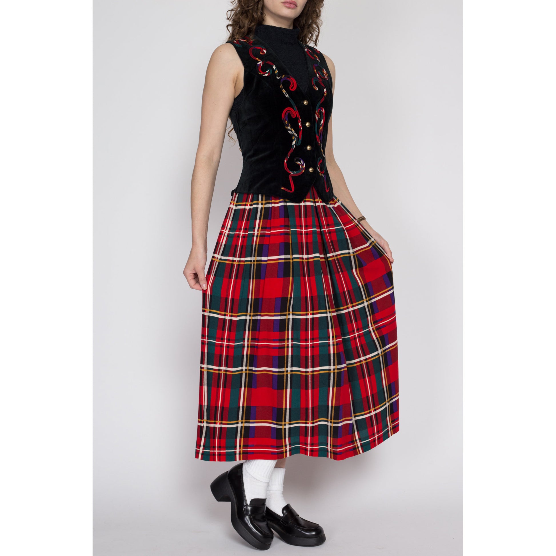 Medium 80s Lanz Velvet Vest Plaid Skirt Midi Dress NWT | Vintage Red & Black Sleeveless Secretary Christmas Dress