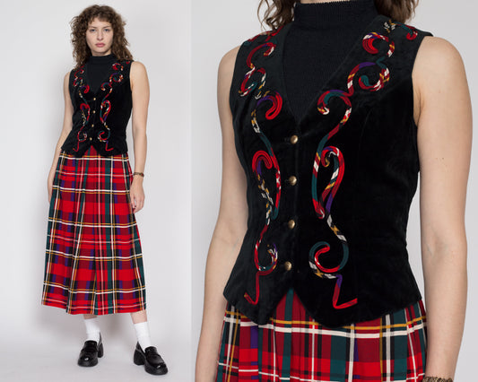 Medium 80s Lanz Velvet Vest Plaid Skirt Midi Dress NWT | Vintage Red & Black Sleeveless Secretary Christmas Dress