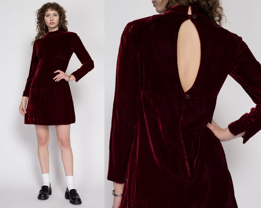 Medium 60s 70s Dark Cherry Red Velvet Babydoll Mini Dress | Vintage Keyhole Back Long Sleeve Retro Party Dress
