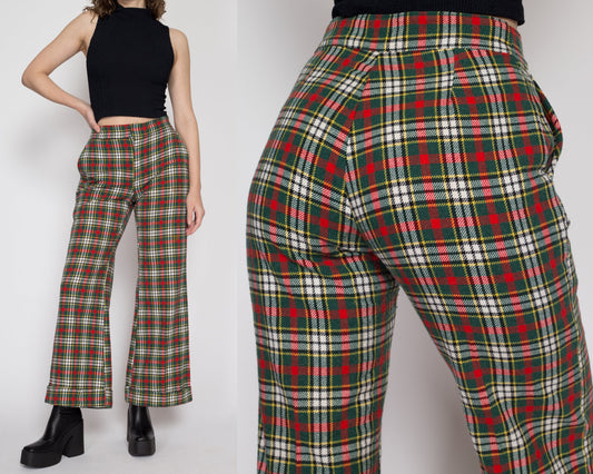 Sm-Med 70s Red & Green Plaid Flares 27"-31" | Vintage Retro Knit Trousers Colorful Flared Cuffed Pants