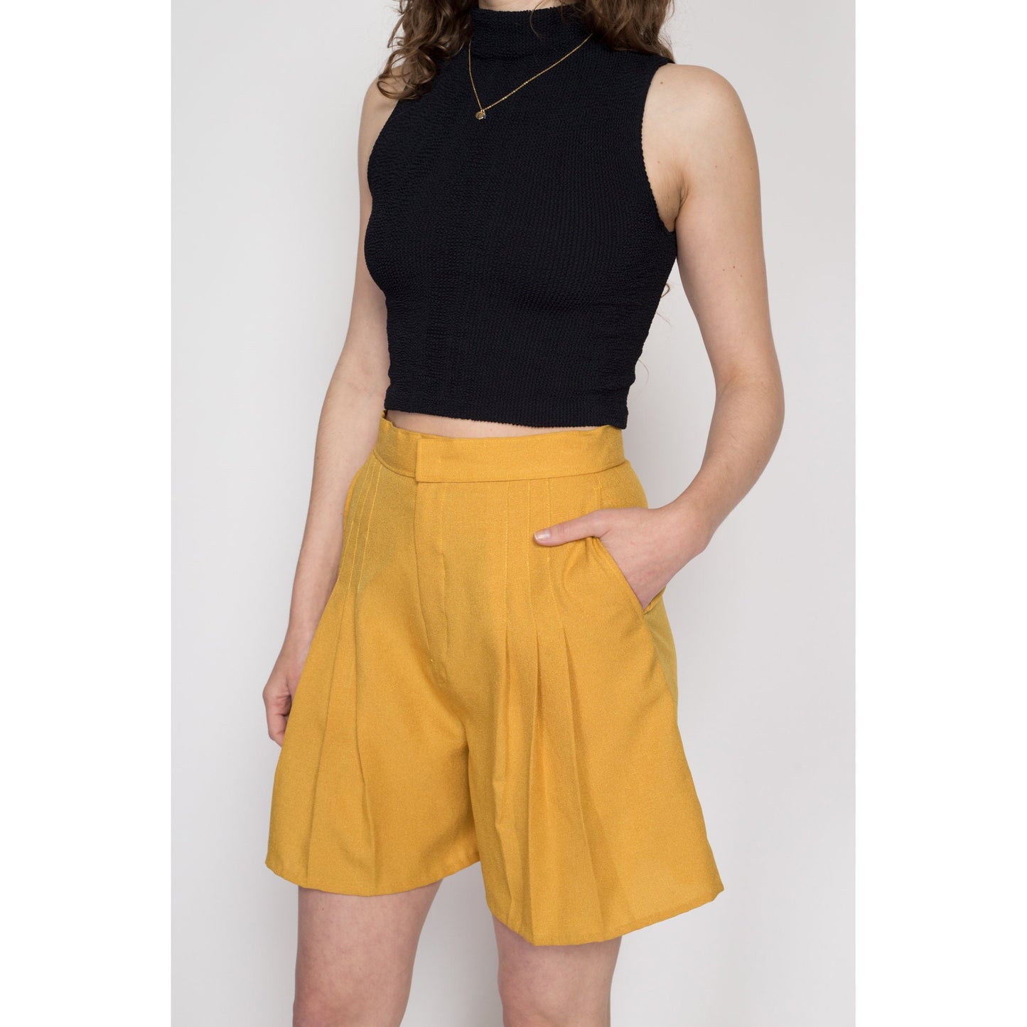 Medium 80s Mustard Yellow Pleated Shorts 28" | Vintage High Waisted Long Shorts