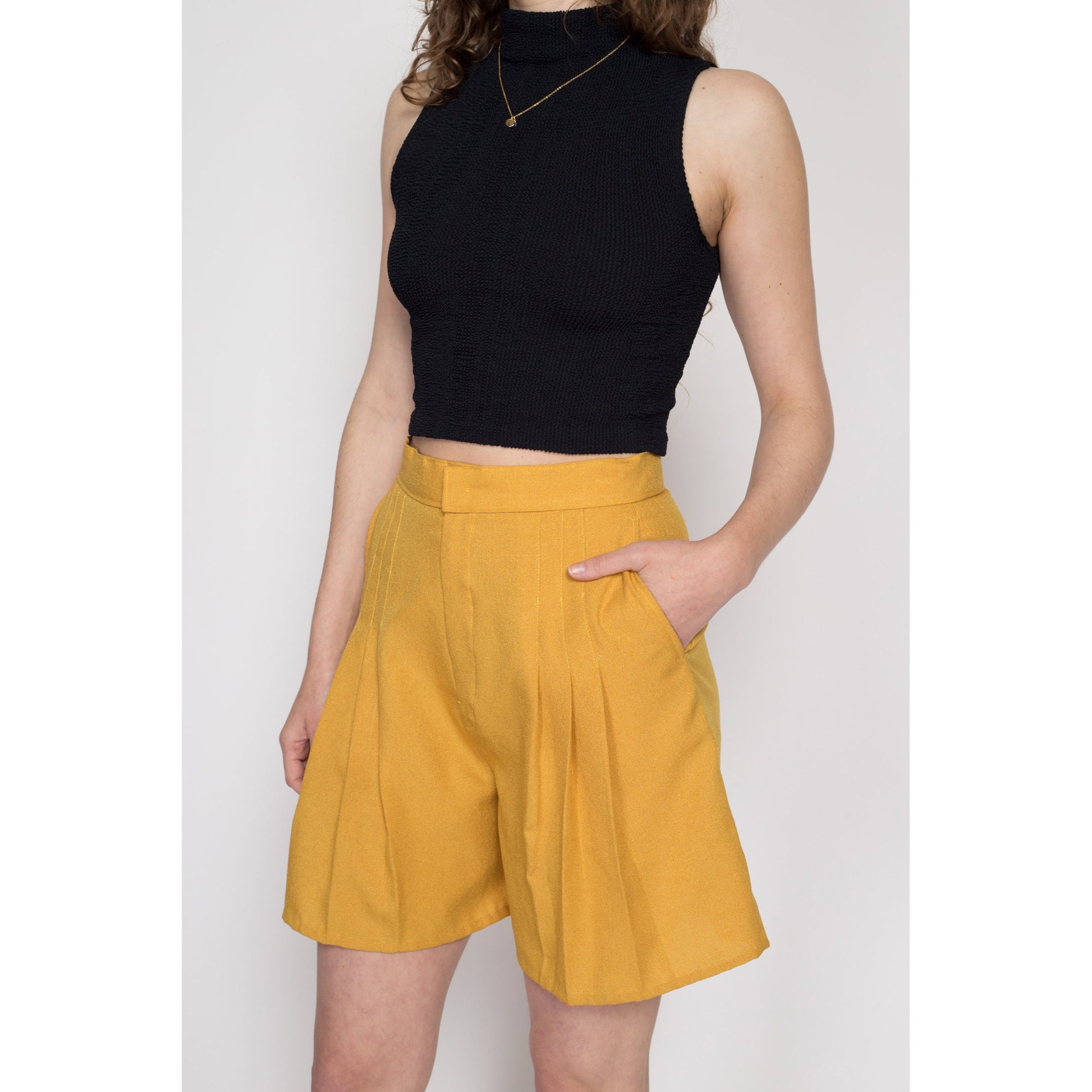 Medium 80s Mustard Yellow Pleated Shorts 28" | Vintage High Waisted Long Shorts