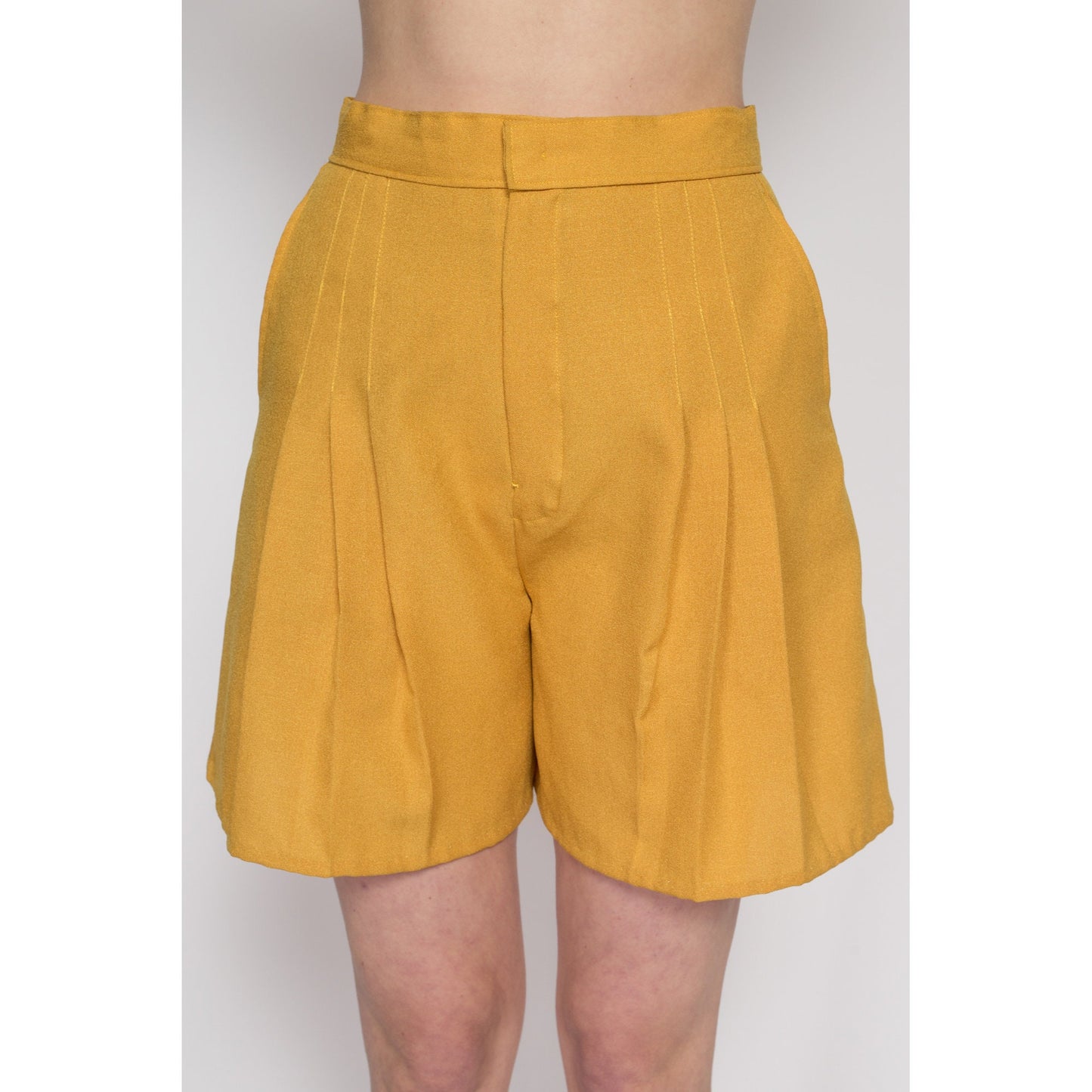 Medium 80s Mustard Yellow Pleated Shorts 28" | Vintage High Waisted Long Shorts
