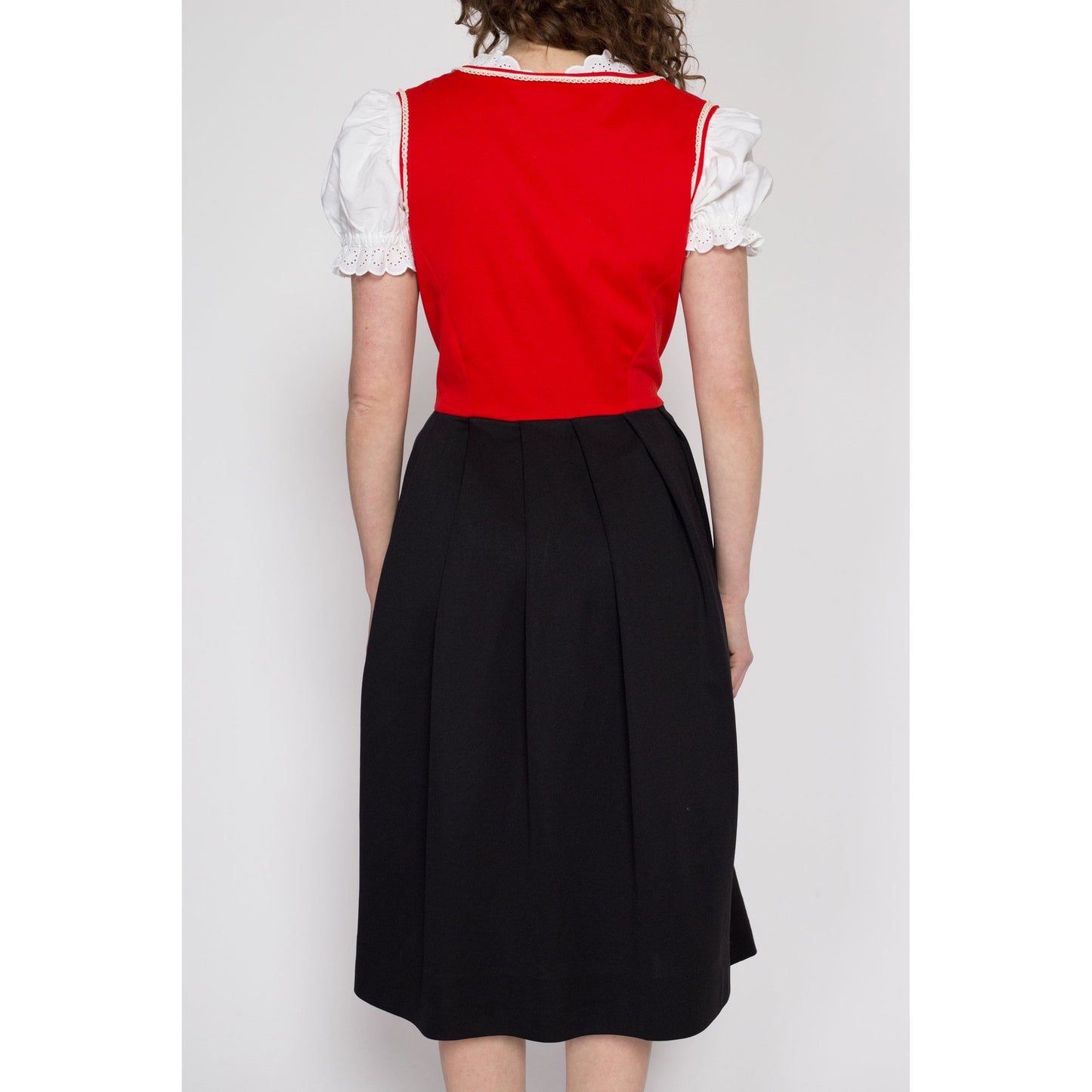 Large 70s Red & Black Dirndl Folk Dress, As Is | Vintage Oktoberfest German Trachten Boho Corset Tie Pinafore Midi
