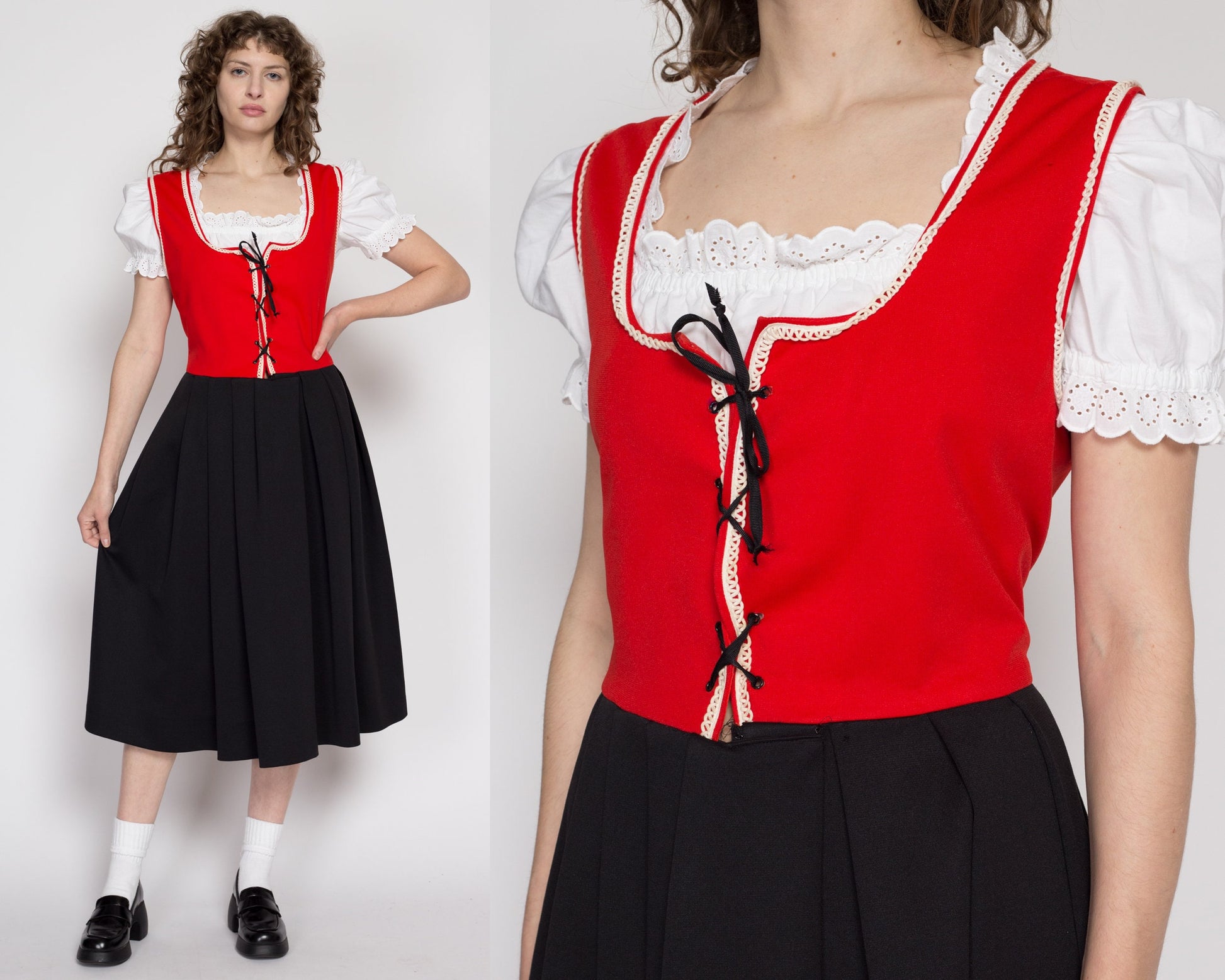 Large 70s Red & Black Dirndl Folk Dress, As Is | Vintage Oktoberfest German Trachten Boho Corset Tie Pinafore Midi