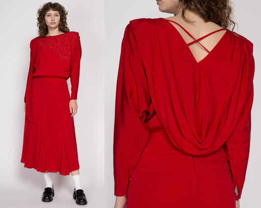 Small 80s Casadei Red Draped Back Midi Dress | Vintage Designer Long Sleeve Blouson Shirtdress