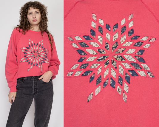 XL 90s Quilted Snowflake Graphic Sweatshirt | Vintage Salmon Pink Patchwork Raglan Sleeve Pullover
