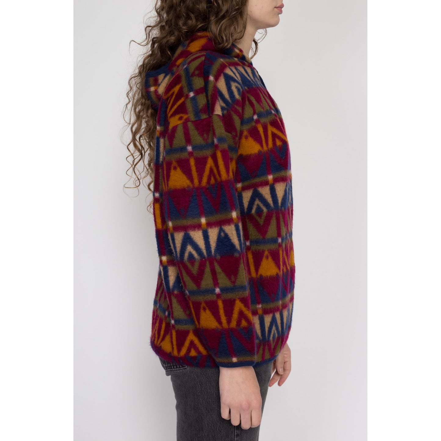 Large 90s Jordache Fleece Hooded Sweatshirt Petite | Vintage Southwestern All Over Print Winter Soft Jacket
