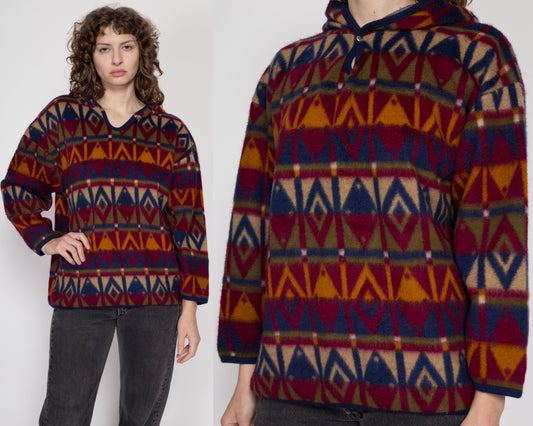 Large 90s Jordache Fleece Hooded Sweatshirt Petite | Vintage Southwestern All Over Print Winter Soft Jacket