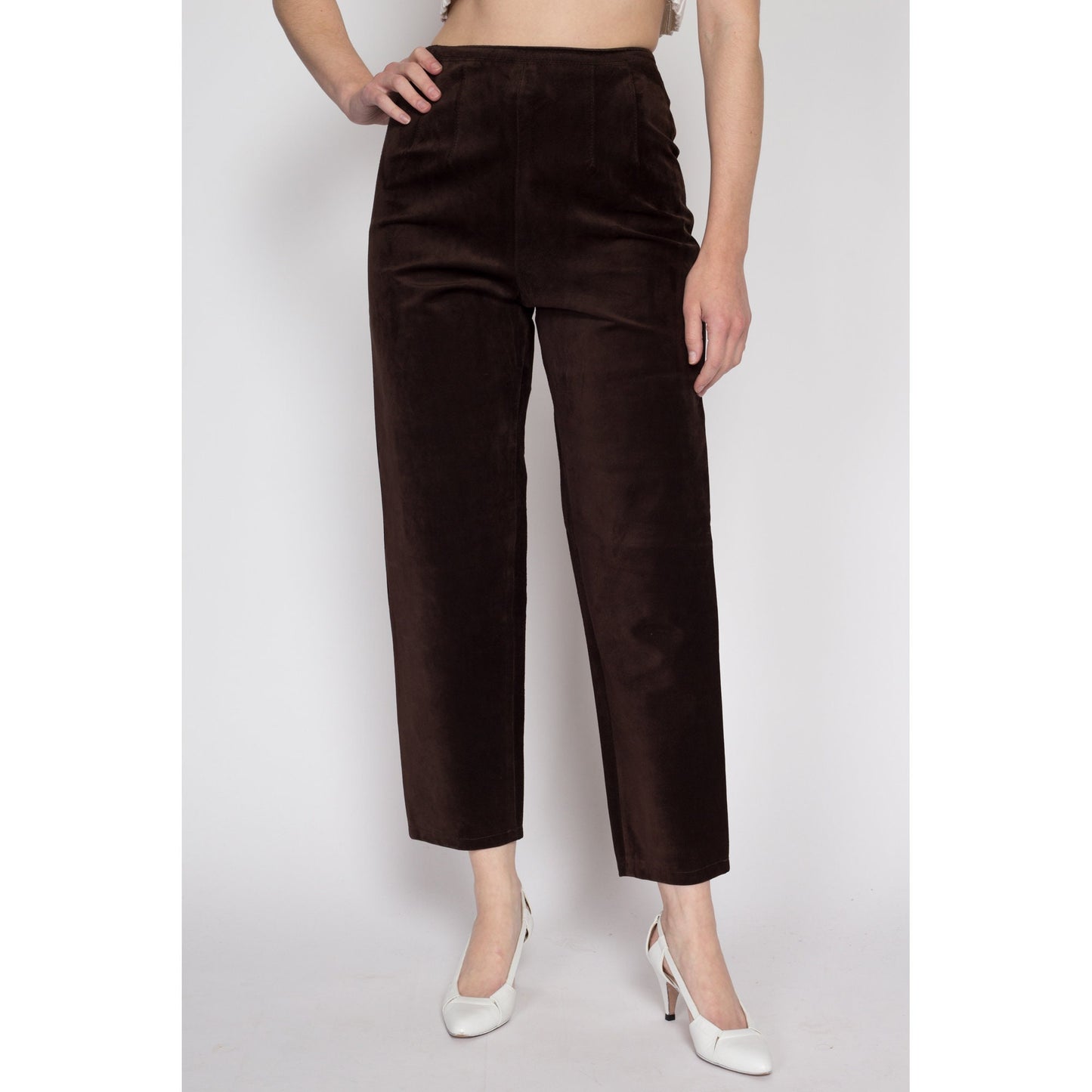 Small 90s Brown Suede High Waisted Trousers 26" | Vintage Ann Taylor Leather Tapered Leg Ankle Pants
