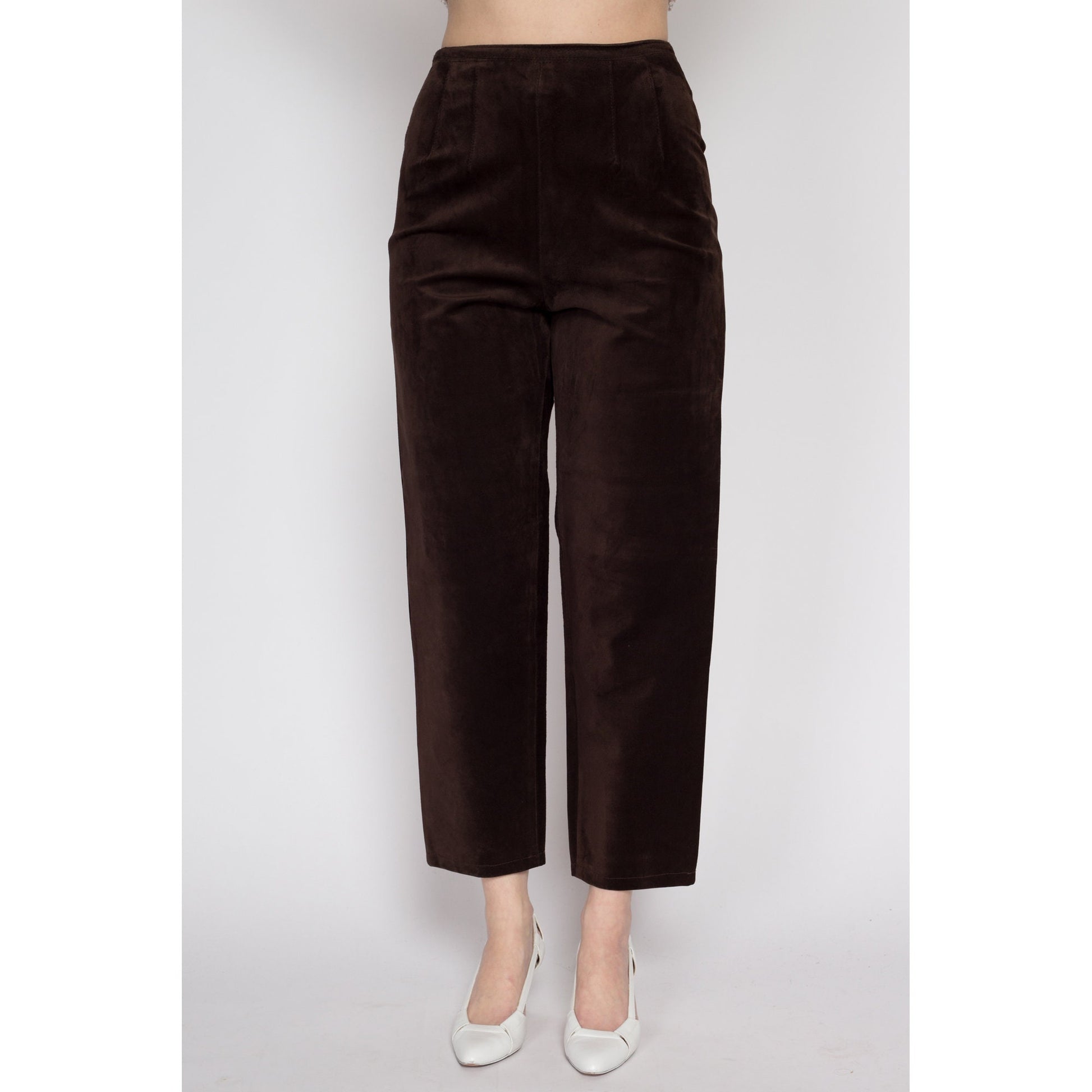 Small 90s Brown Suede High Waisted Trousers 26" | Vintage Ann Taylor Leather Tapered Leg Ankle Pants