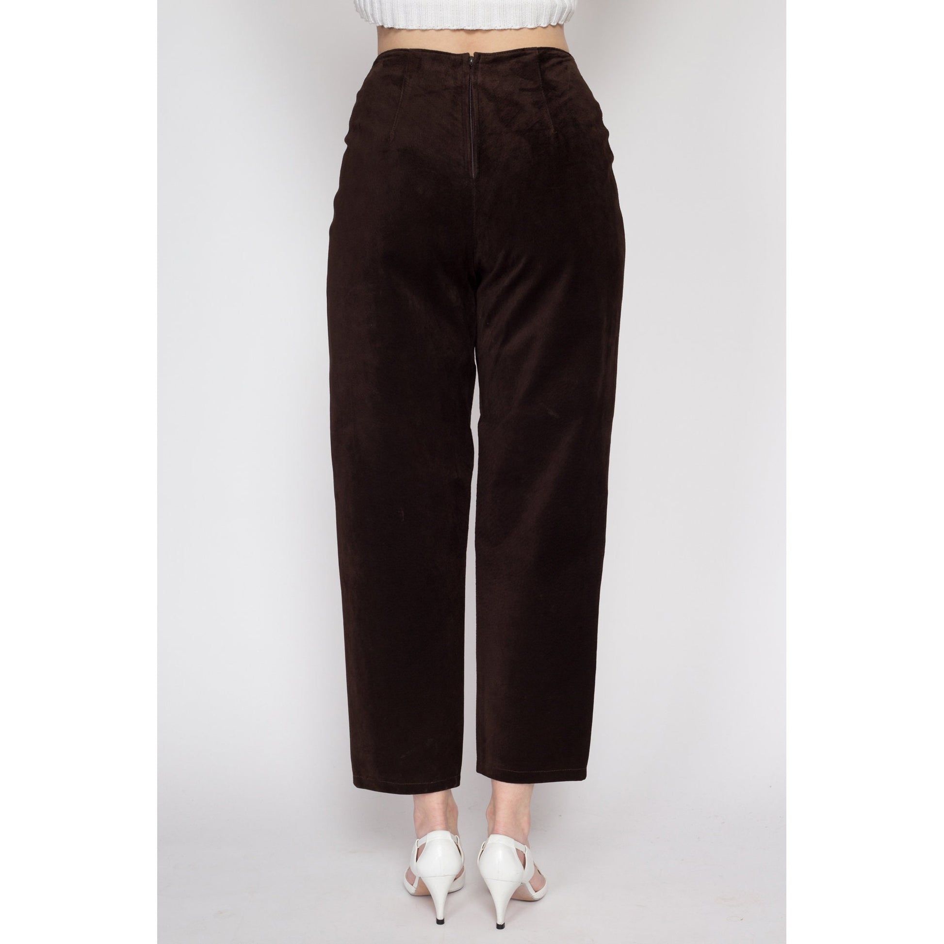 Small 90s Brown Suede High Waisted Trousers 26" | Vintage Ann Taylor Leather Tapered Leg Ankle Pants