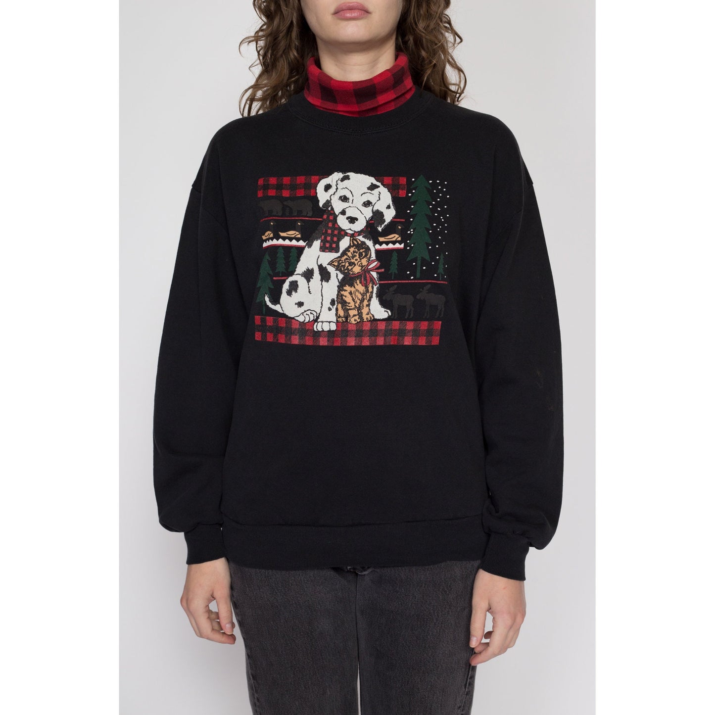 Large 90s Dalmatian & Kitten Winter Sweatshirt | Vintage Black Red Plaid Turtleneck Graphic Animal Pullover