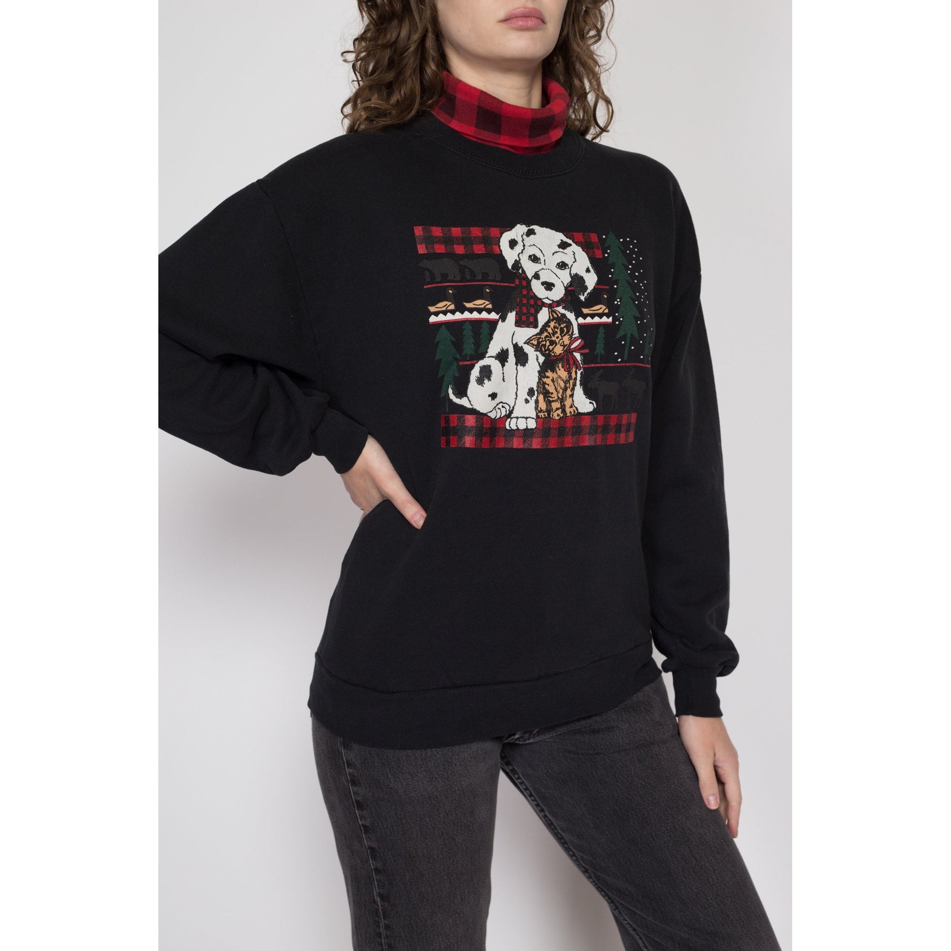 Large 90s Dalmatian & Kitten Winter Sweatshirt | Vintage Black Red Plaid Turtleneck Graphic Animal Pullover