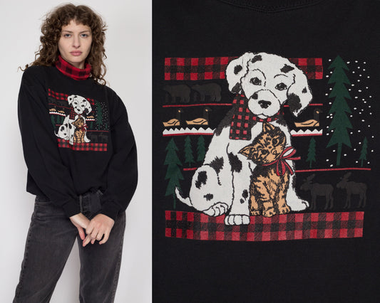 Large 90s Dalmatian & Kitten Winter Sweatshirt | Vintage Black Red Plaid Turtleneck Graphic Animal Pullover