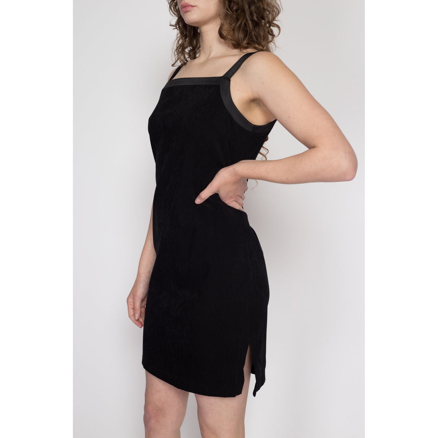 Medium 90s Black Ultrasuede Low Back Mini Cocktail Dress | Vintage Sleeveless Square Neck A Line Party Dress