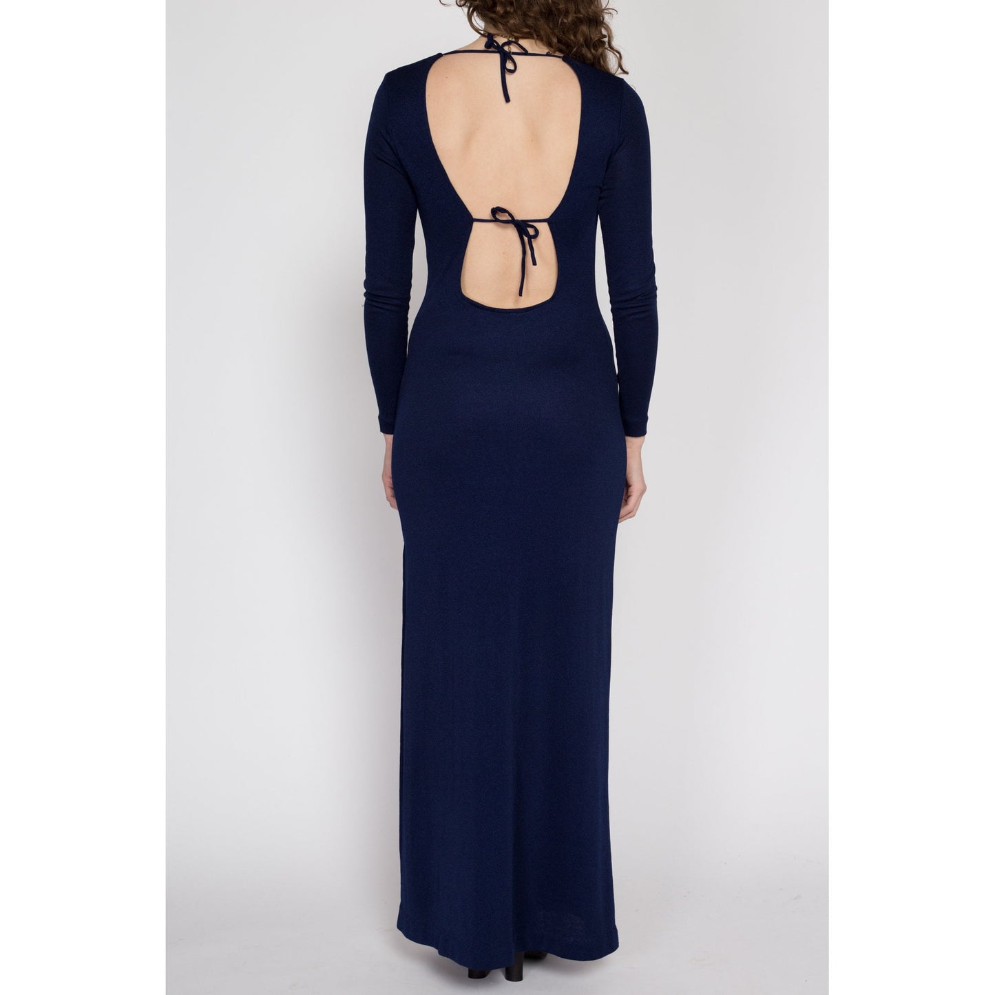 Sm-Med 70s Navy Blue Low Back Gown | Vintage Ring-Alee-Veeo Long Sleeve V Neck Formal Party Maxi Dress