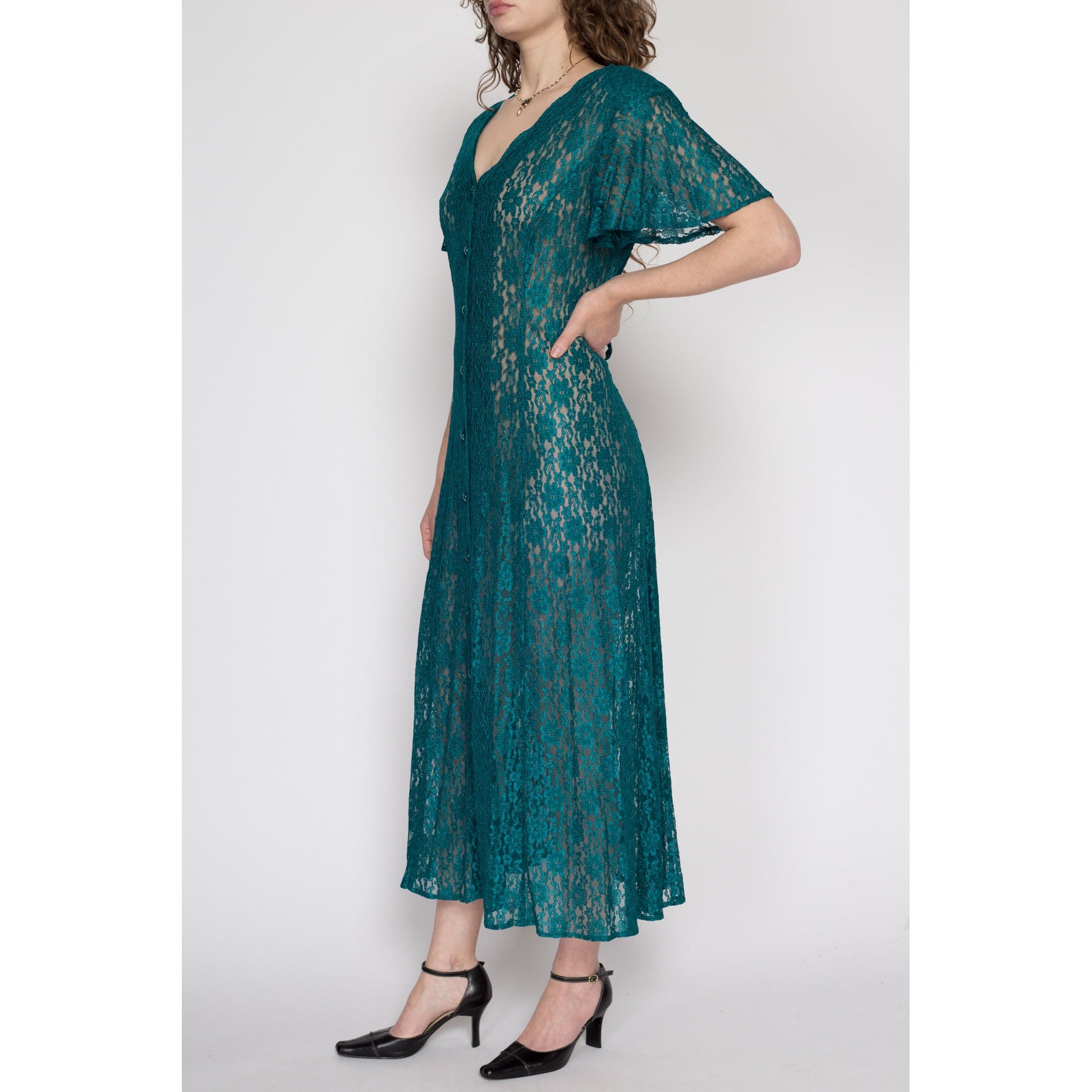 Medium 90s Emerald Green Sheer Lace Maxi Dress | Vintage Flutter Sleeve Button Up Boho Grunge Sundress