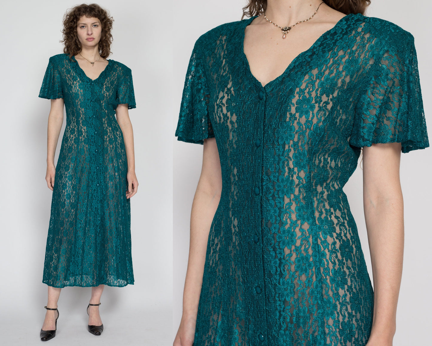 Medium 90s Emerald Green Sheer Lace Maxi Dress | Vintage Flutter Sleeve Button Up Boho Grunge Sundress