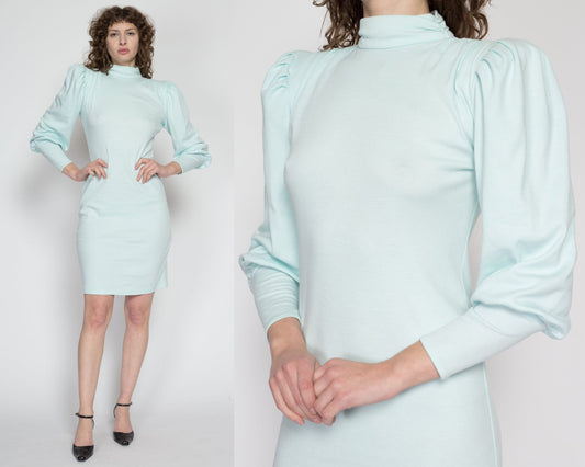 Medium 80s Mint Green Bishop Sleeve Mini Dress | Vintage Turtleneck Long Sleeve Fitted Sheath Dress