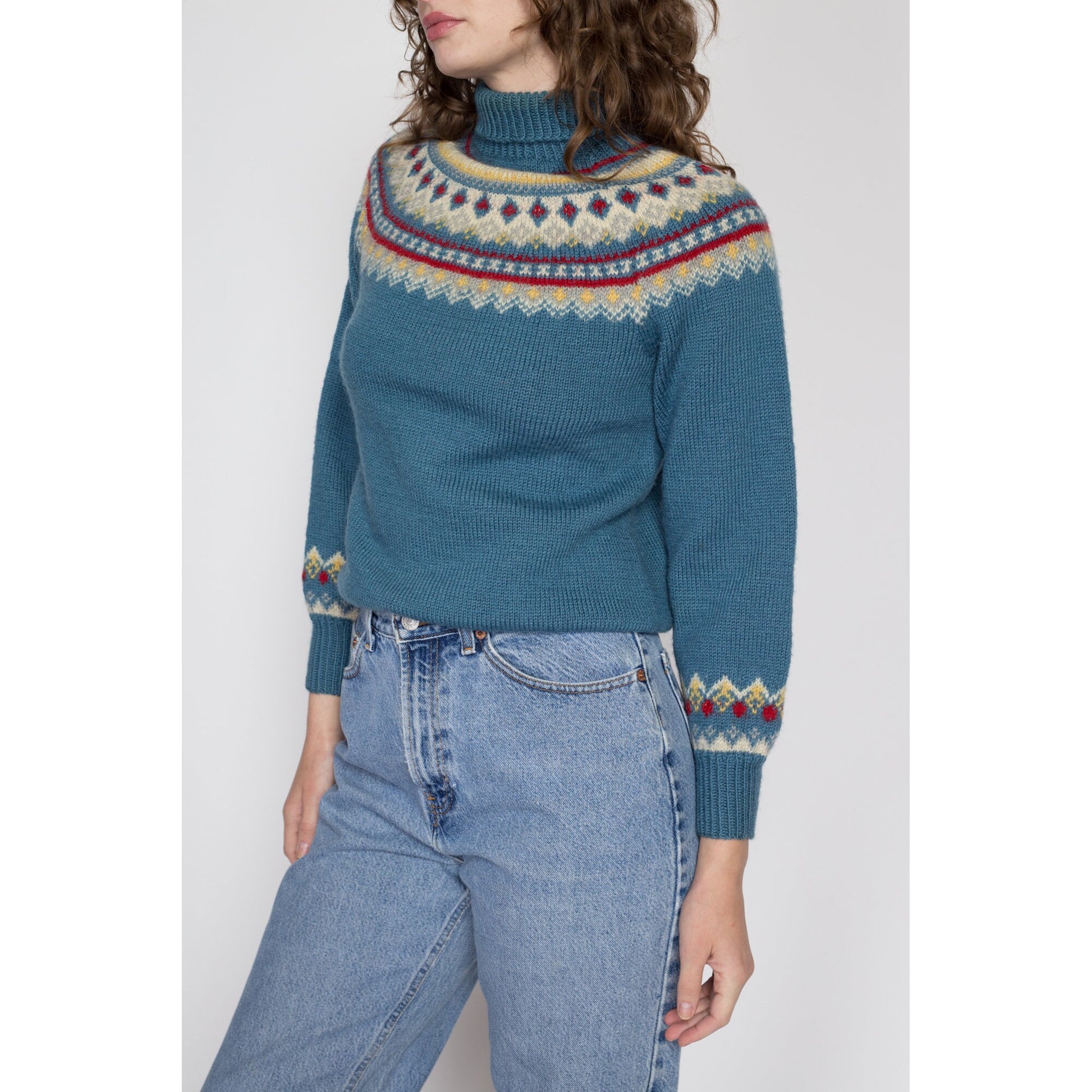 Small 70s Blue Fair Isle Turtleneck Sweater | Vintage Nordic Wool Knit Winter Ski Pullover Jumper
