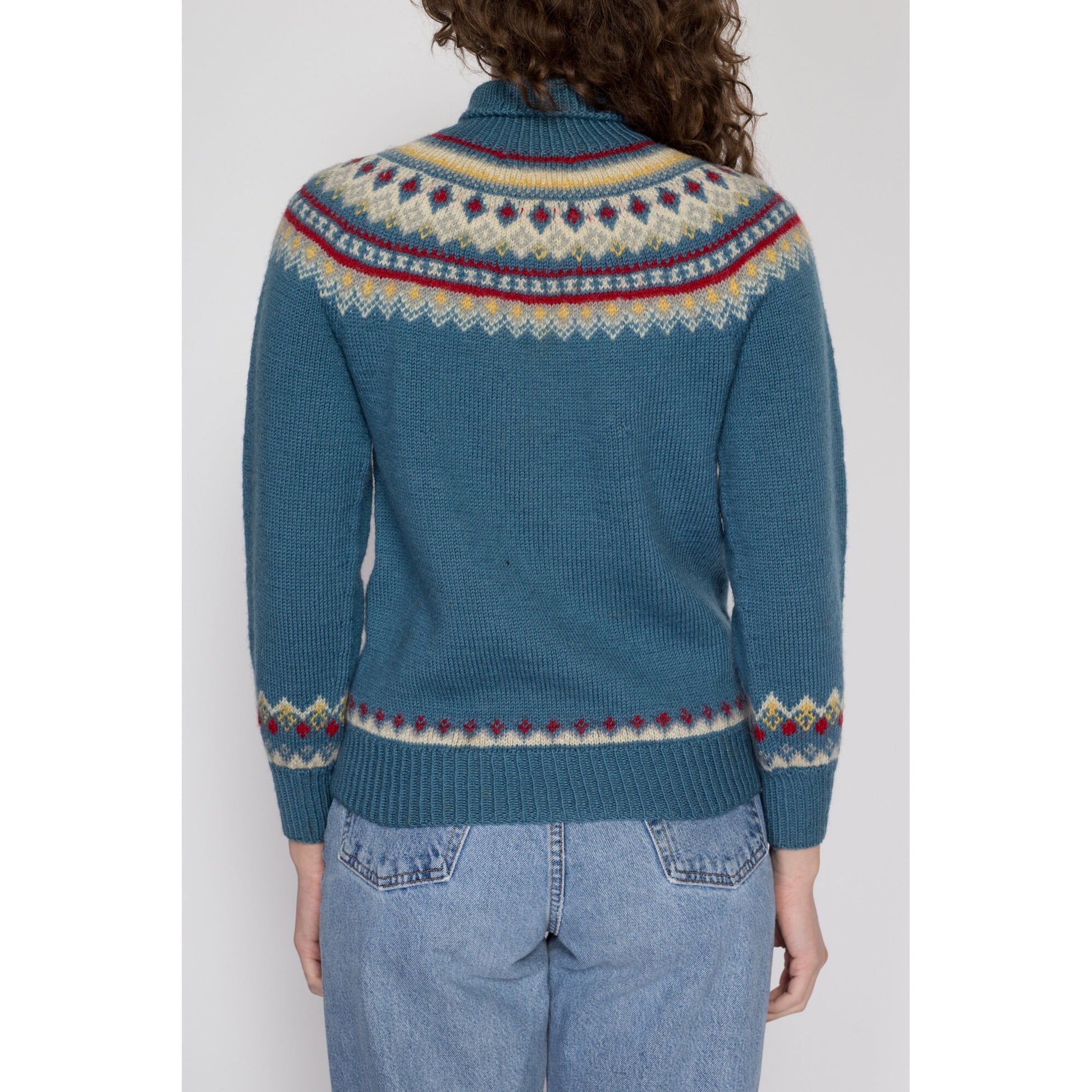 Small 70s Blue Fair Isle Turtleneck Sweater | Vintage Nordic Wool Knit Winter Ski Pullover Jumper