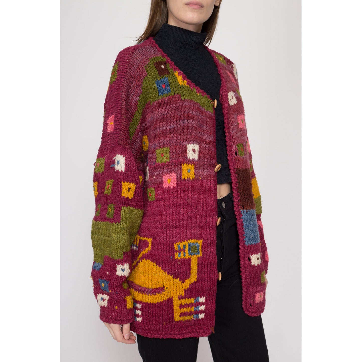 XL 90s Boho Geometric Wool Knit Cardigan | Vintage Button Up Hippie Sweater