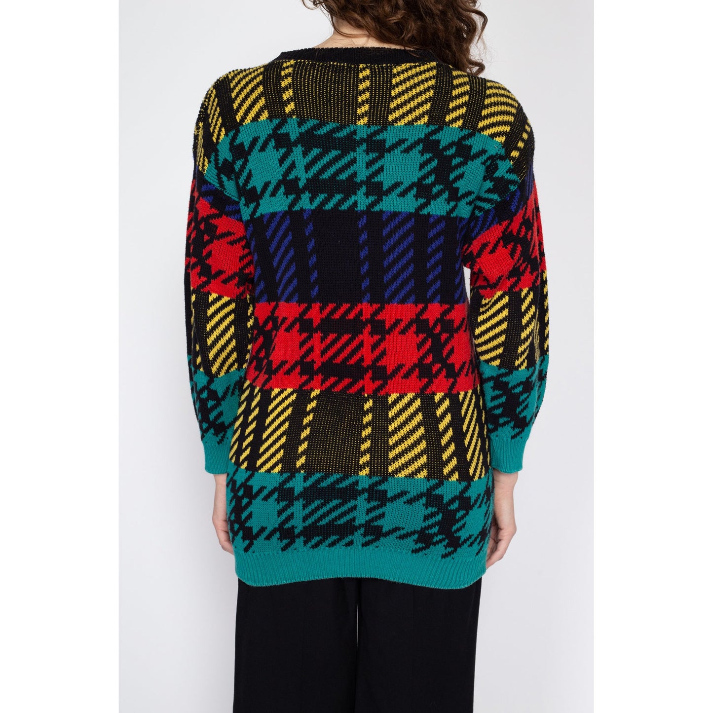 Small 90s Colorful Plaid Long Sweater | Vintage Maximalist Slouchy Knit Pullover