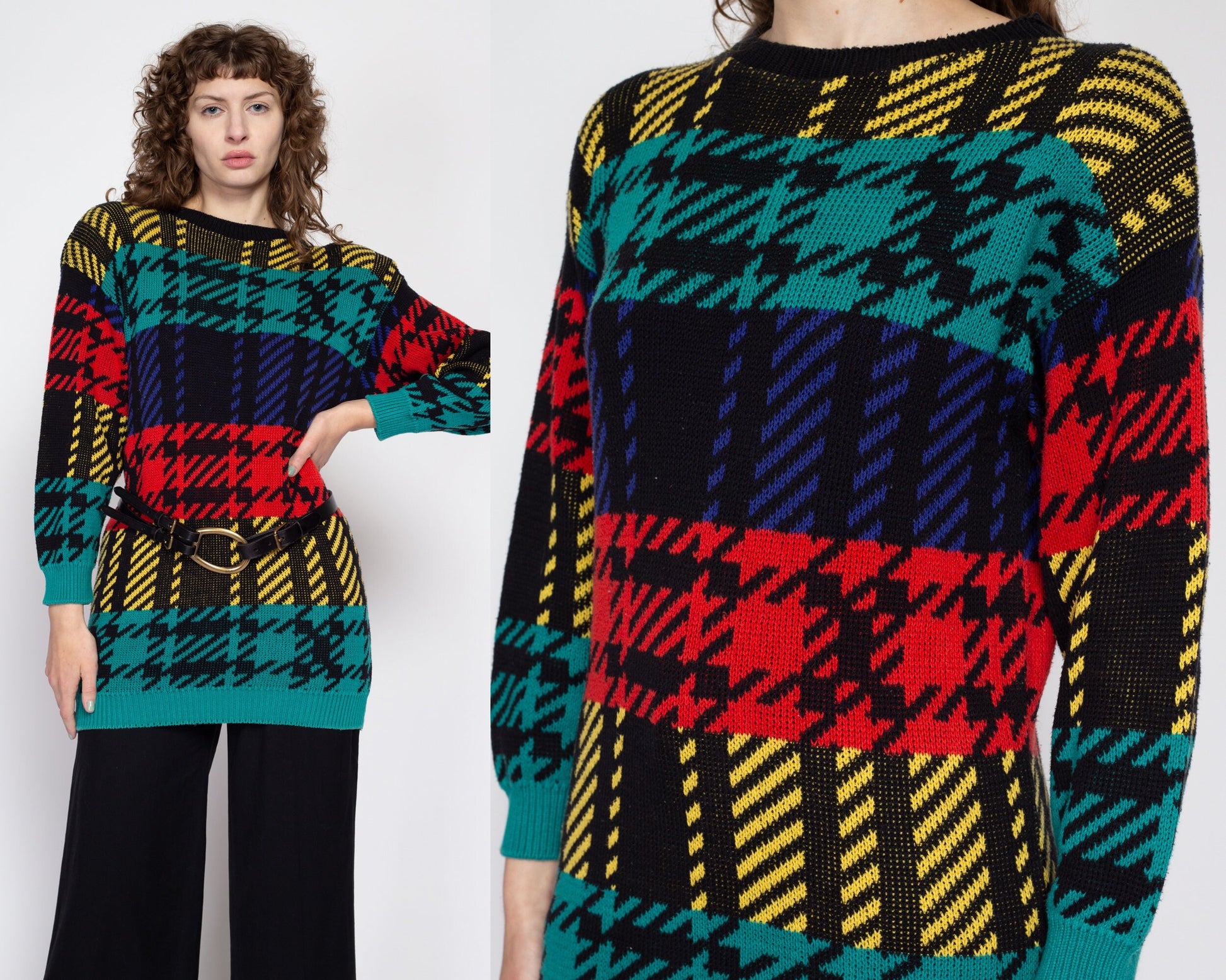 Small 90s Colorful Plaid Long Sweater | Vintage Maximalist Slouchy Knit Pullover