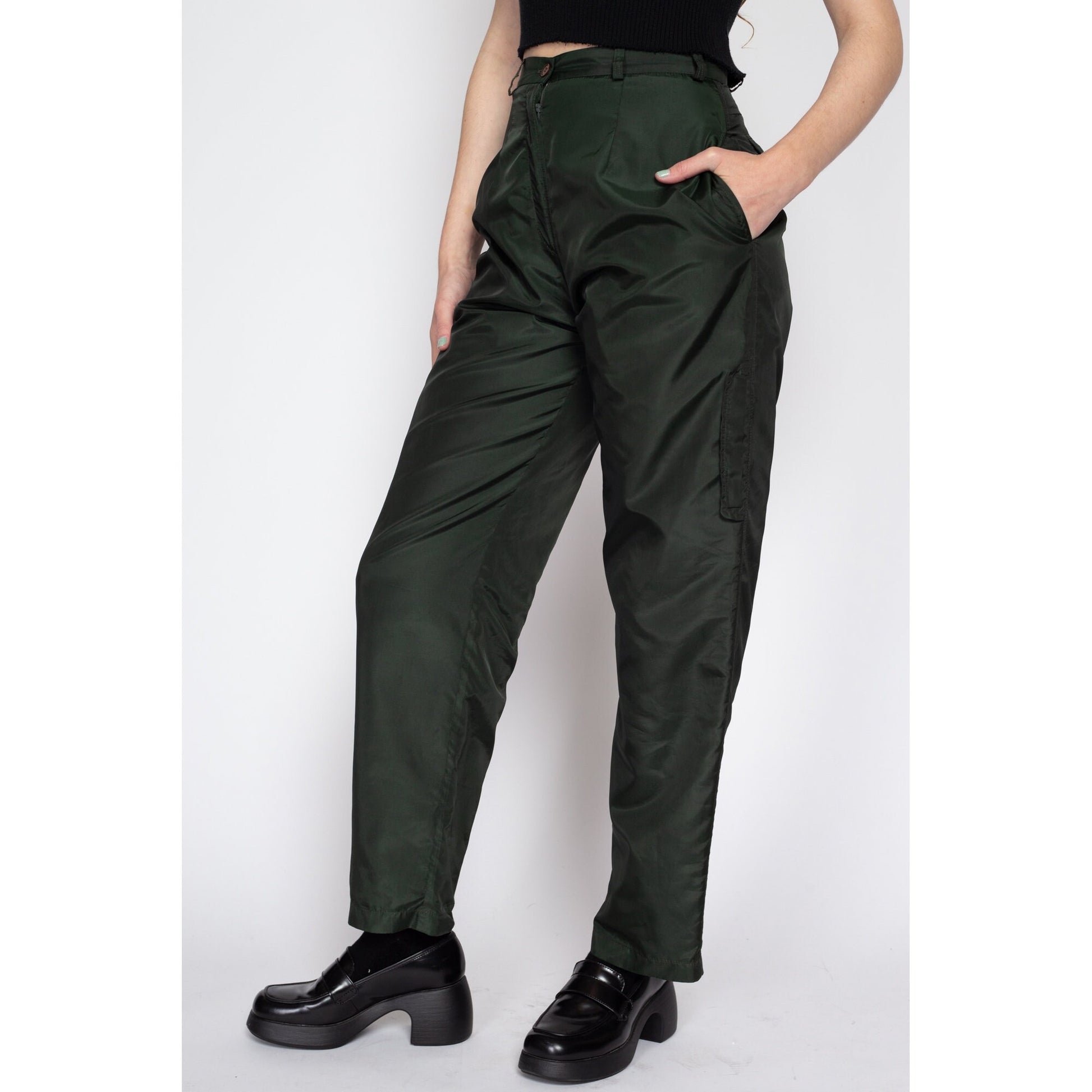 Small 90s Harve Benard Forest Green Lined Windbreaker Pants 27" | Vintage High Waisted Pleated Tapered Leg Cargo Trousers