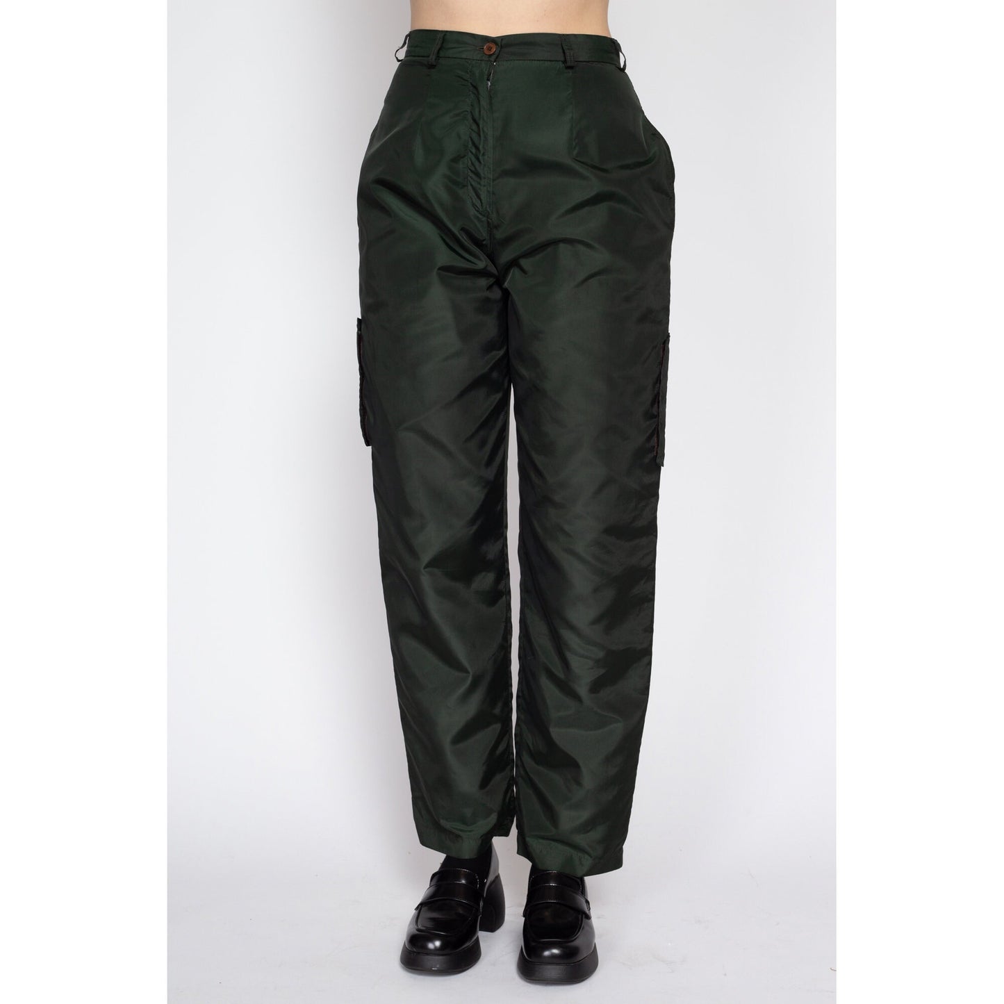 Small 90s Harve Benard Forest Green Lined Windbreaker Pants 27" | Vintage High Waisted Pleated Tapered Leg Cargo Trousers