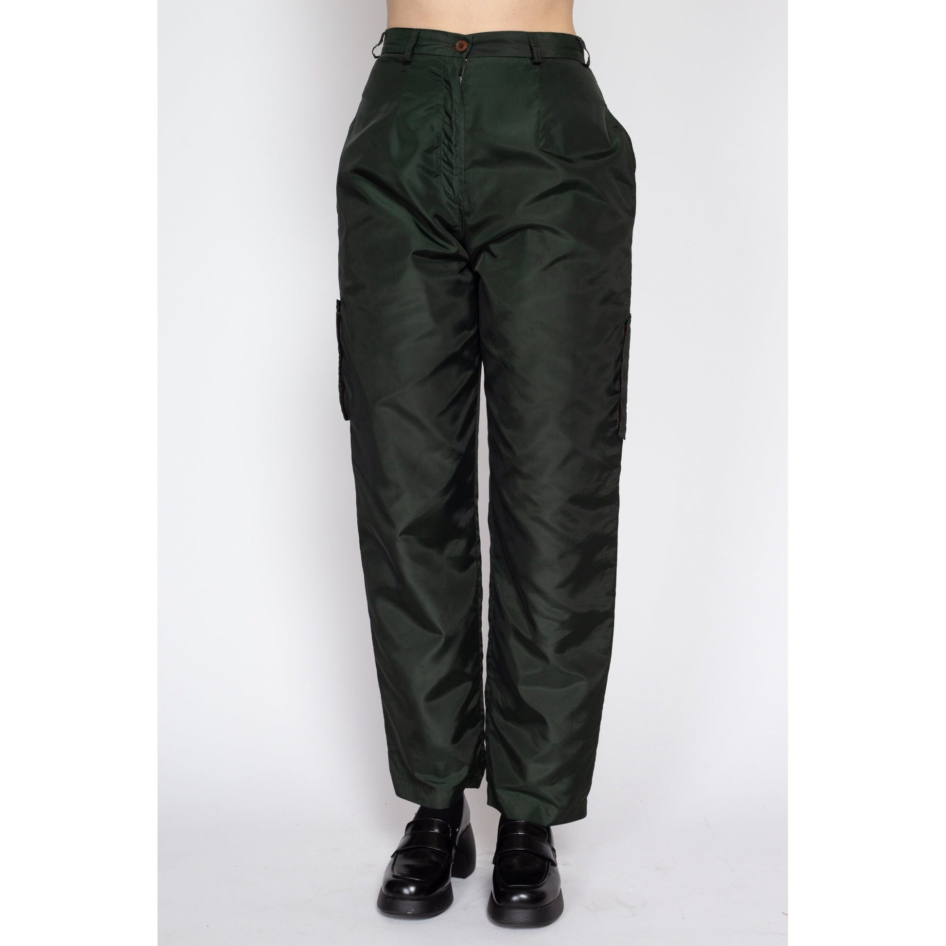 Small 90s Harve Benard Forest Green Lined Windbreaker Pants 27" | Vintage High Waisted Pleated Tapered Leg Cargo Trousers