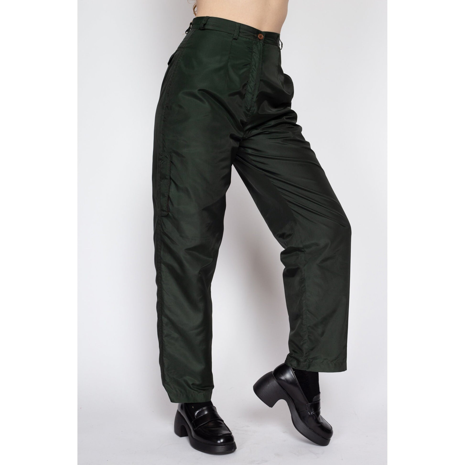 Small 90s Harve Benard Forest Green Lined Windbreaker Pants 27" | Vintage High Waisted Pleated Tapered Leg Cargo Trousers