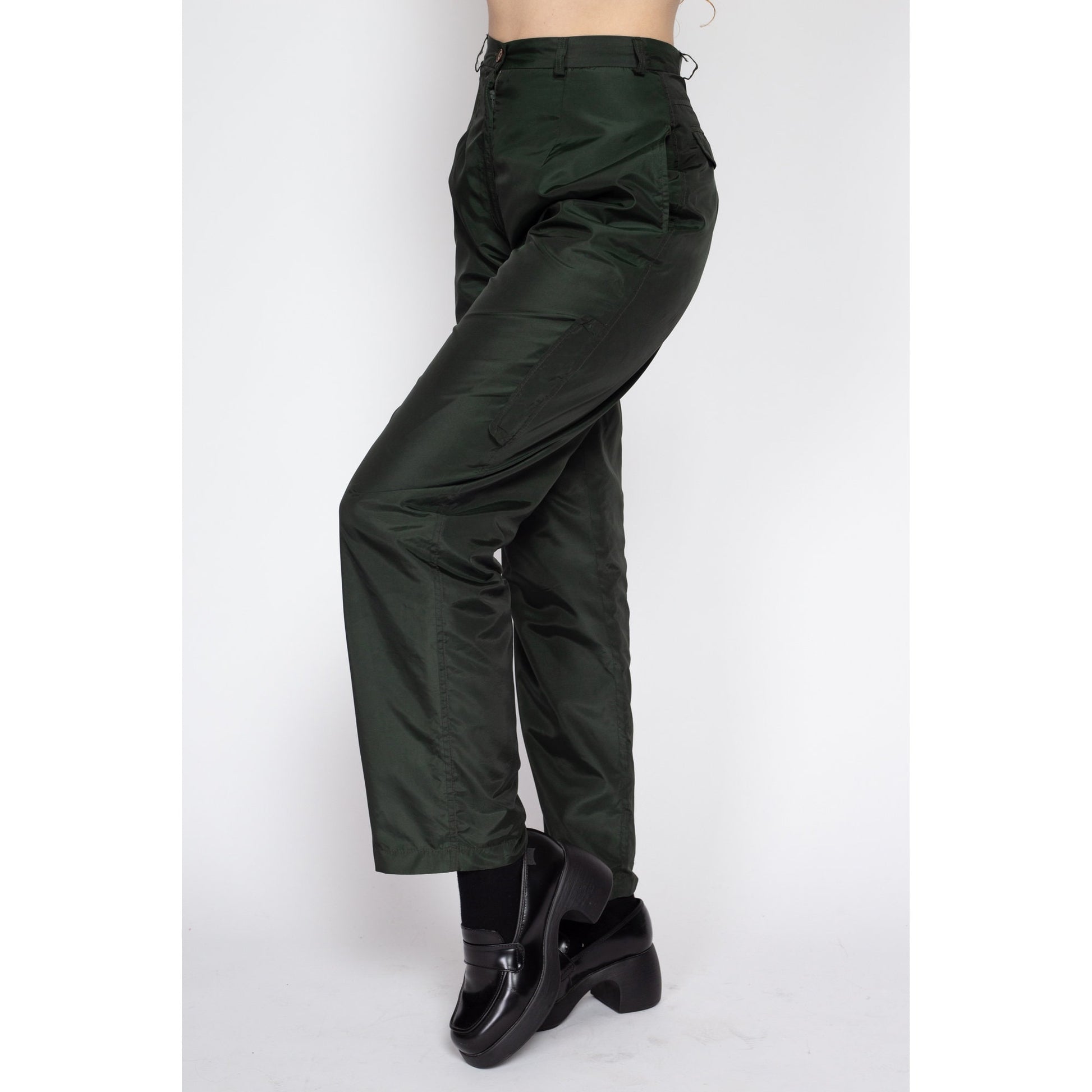 Small 90s Harve Benard Forest Green Lined Windbreaker Pants 27" | Vintage High Waisted Pleated Tapered Leg Cargo Trousers