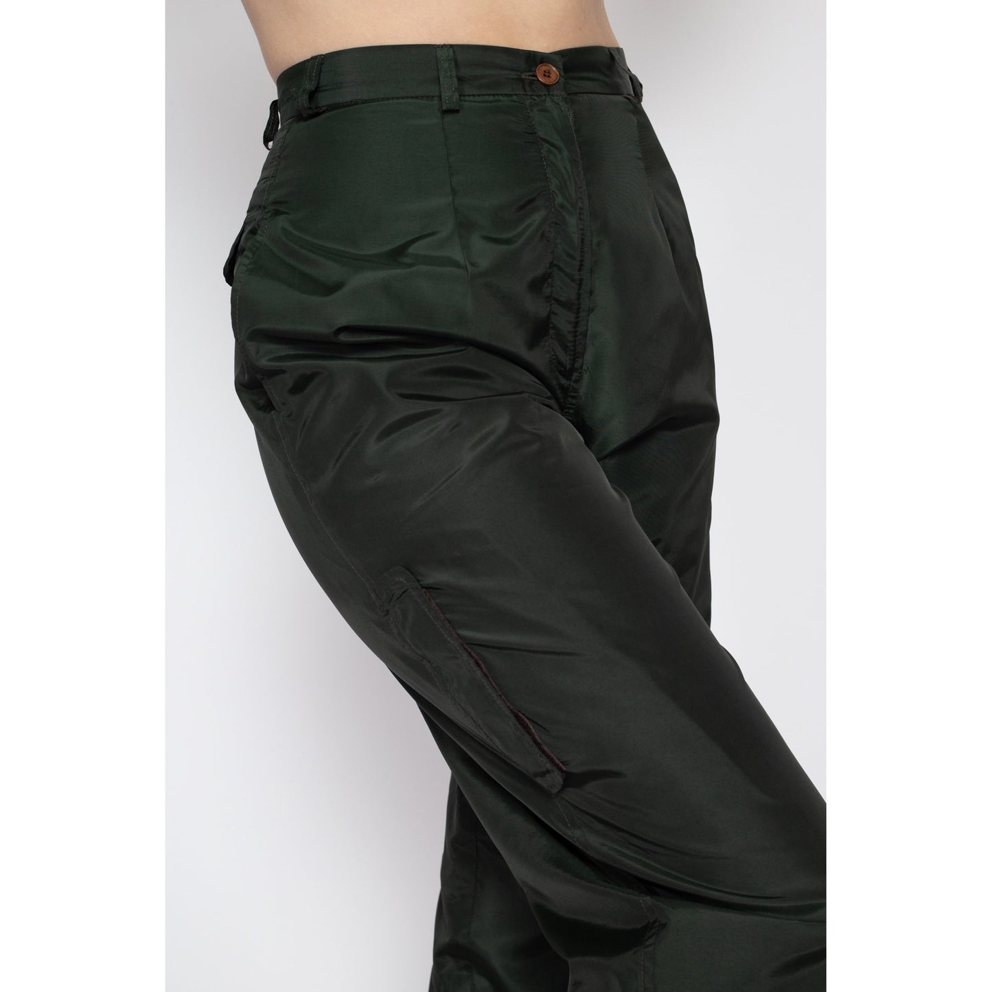 Small 90s Harve Benard Forest Green Lined Windbreaker Pants 27" | Vintage High Waisted Pleated Tapered Leg Cargo Trousers