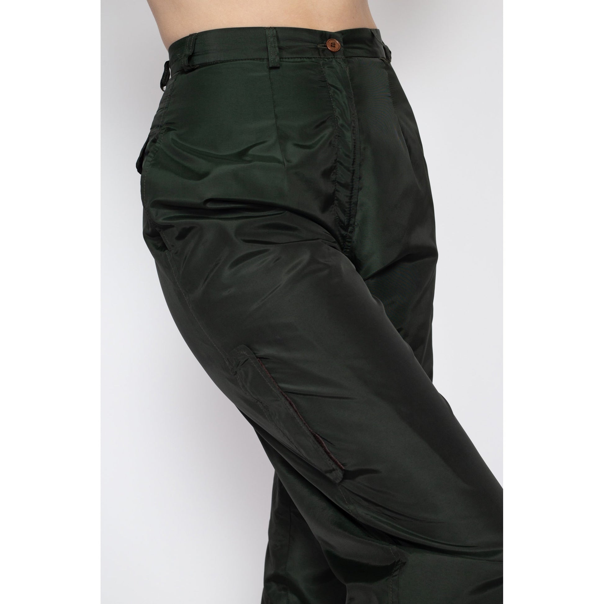 Small 90s Harve Benard Forest Green Lined Windbreaker Pants 27" | Vintage High Waisted Pleated Tapered Leg Cargo Trousers