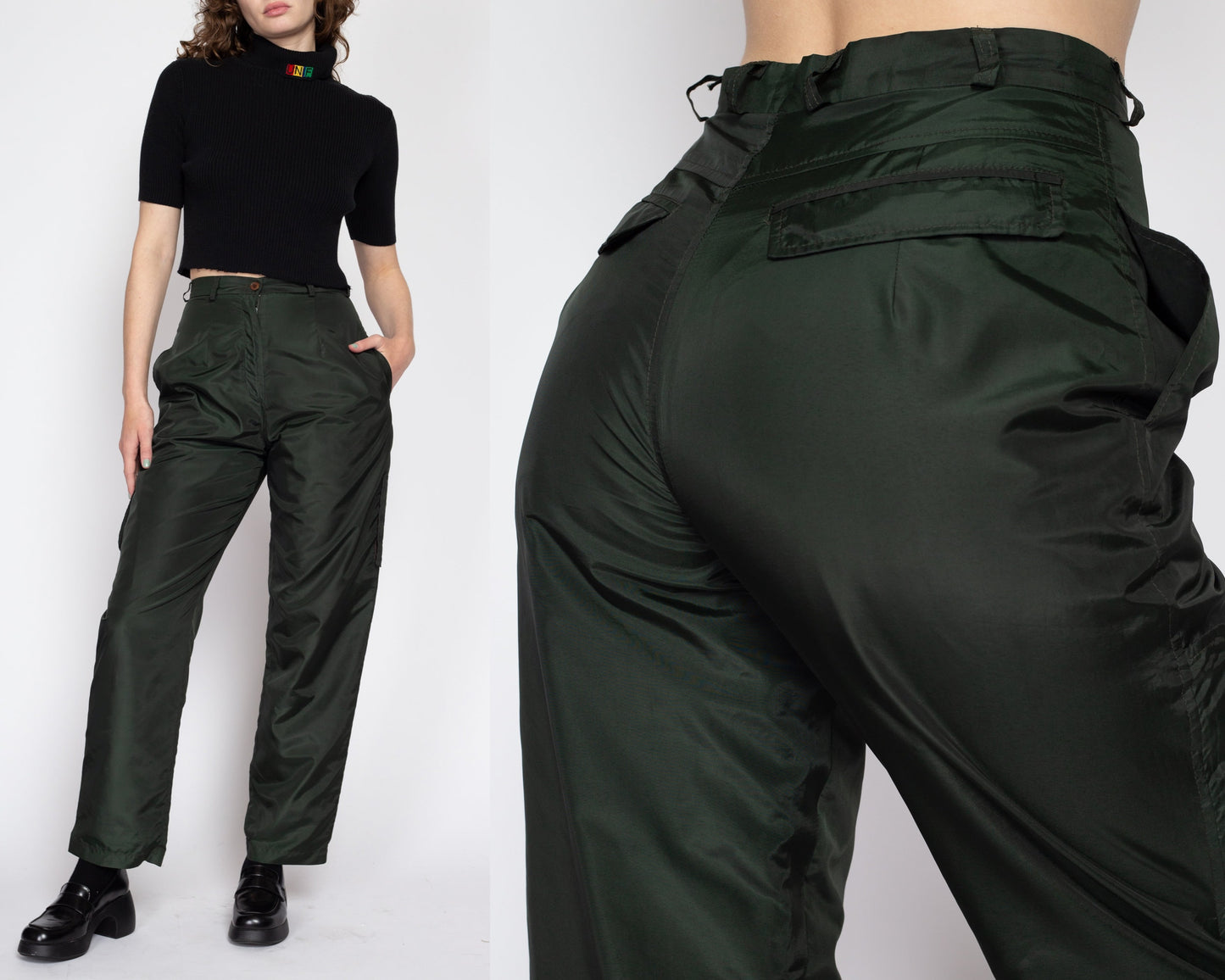 Small 90s Harve Benard Forest Green Lined Windbreaker Pants 27" | Vintage High Waisted Pleated Tapered Leg Cargo Trousers