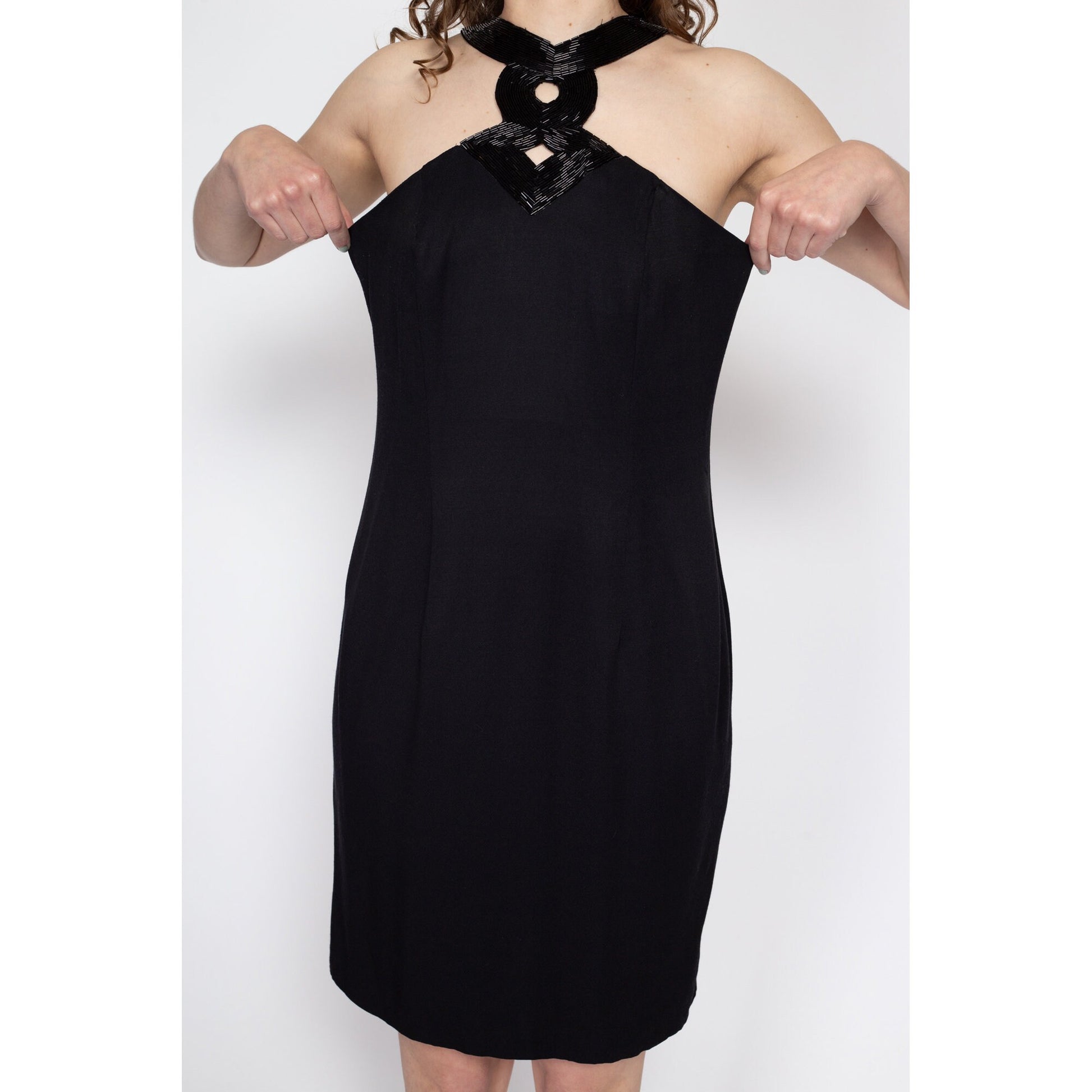 Med-Lrg 90s Black Beaded Neckline Mini Dress | Vintage Keyhole Neck Sleeveless Party Dress