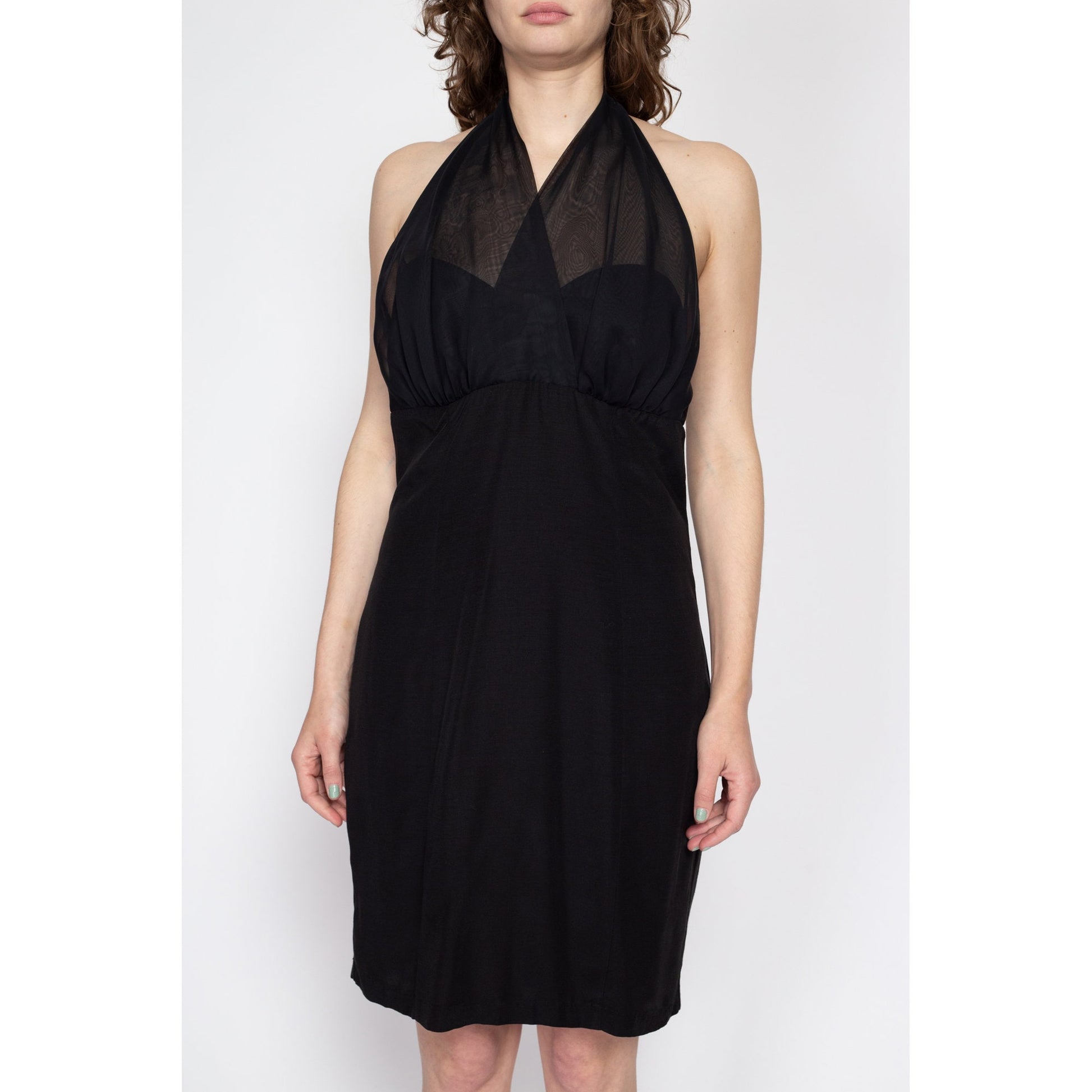Large 90s Chiffon Halter Little Black Dress | Vintage Sleeveless Sheath Mini Party Dress