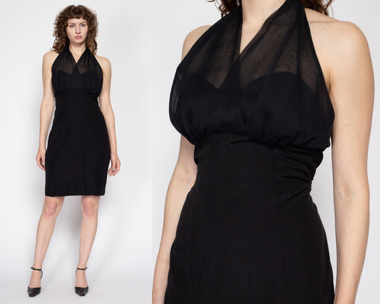 Large 90s Chiffon Halter Little Black Dress | Vintage Sleeveless Sheath Mini Party Dress