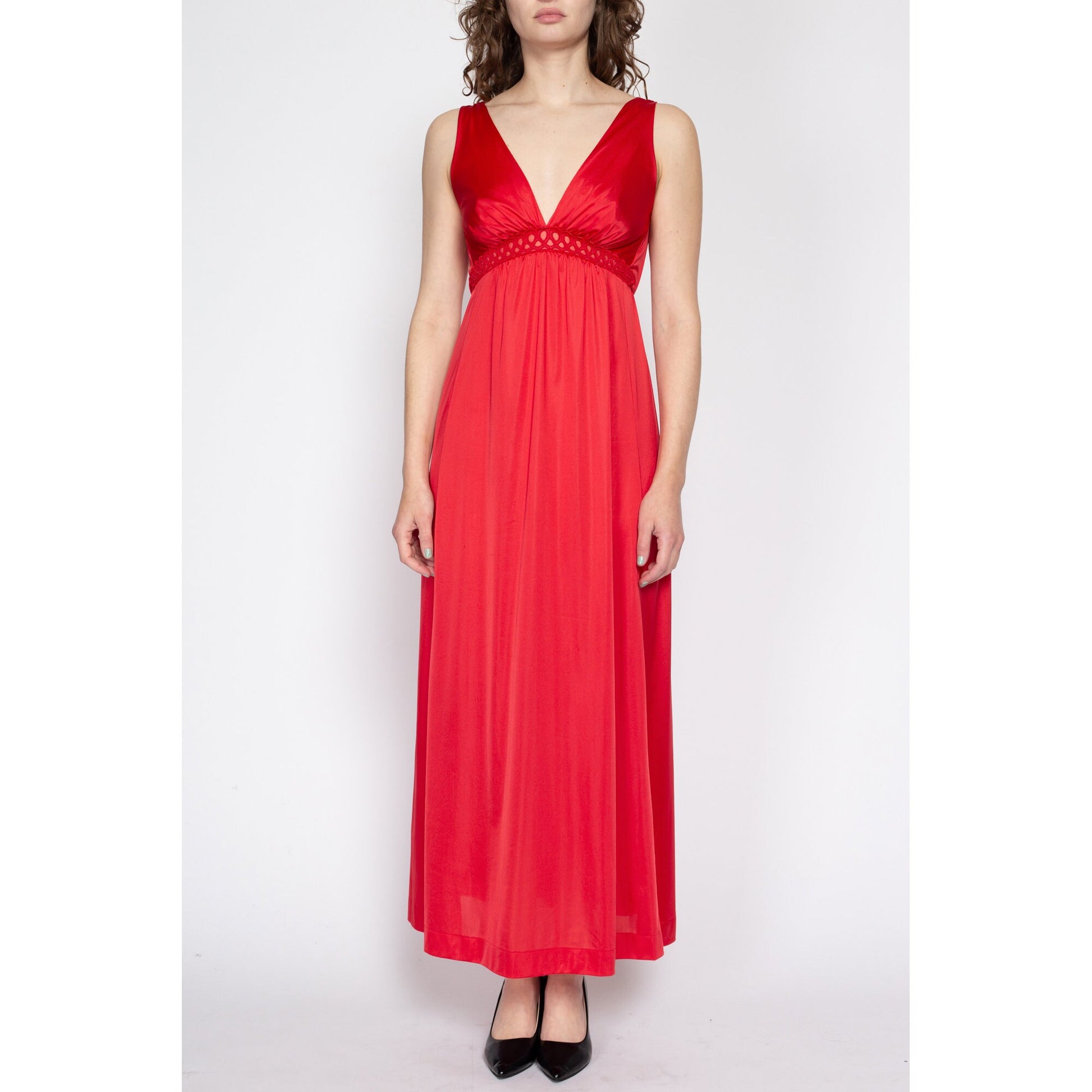 Small 70s Vanity Fair Red Maxi Slip Dress | Vintage Deep V Neck Lingerie Nightgown