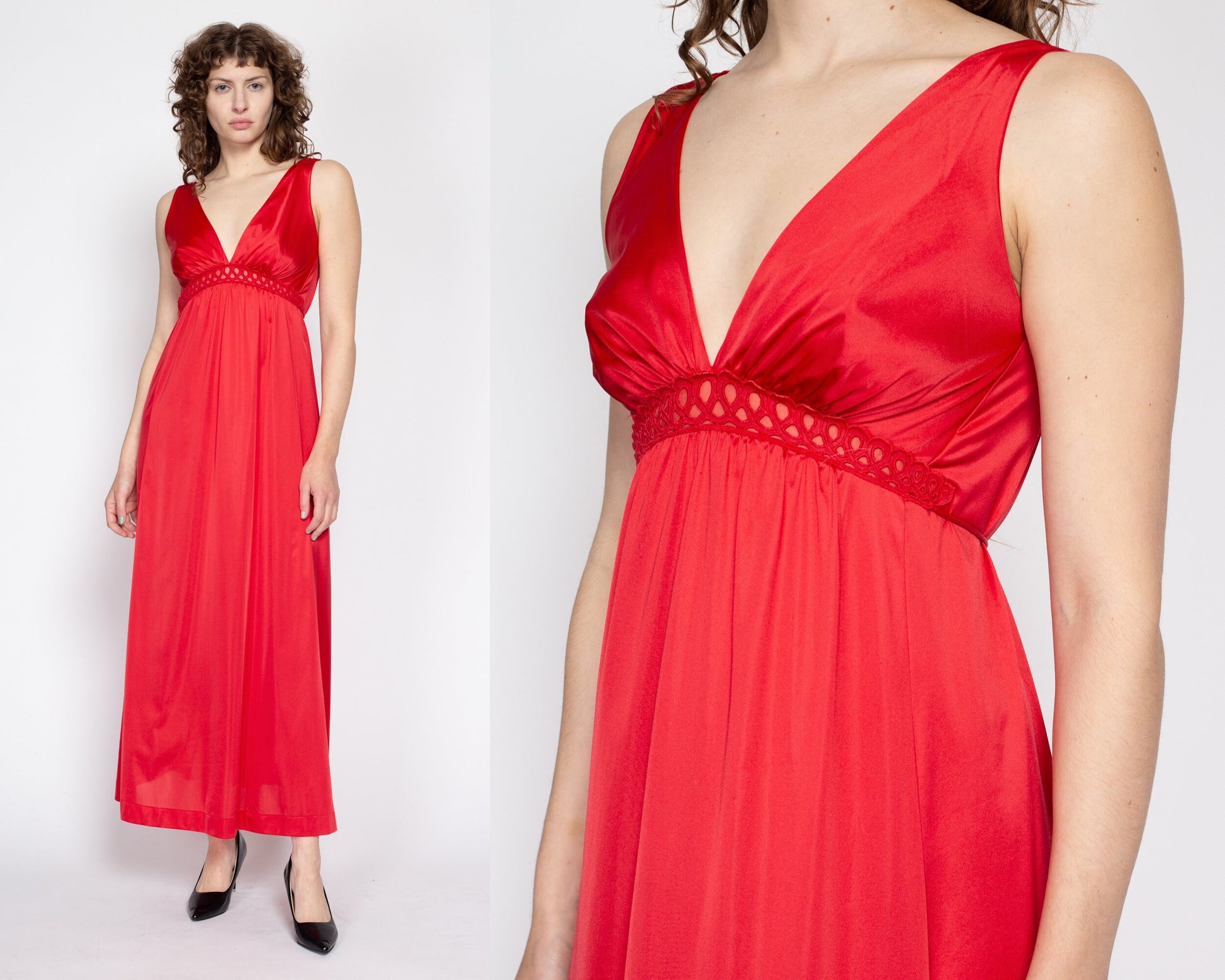 Small 70s Vanity Fair Red Maxi Slip Dress | Vintage Deep V Neck Lingerie Nightgown